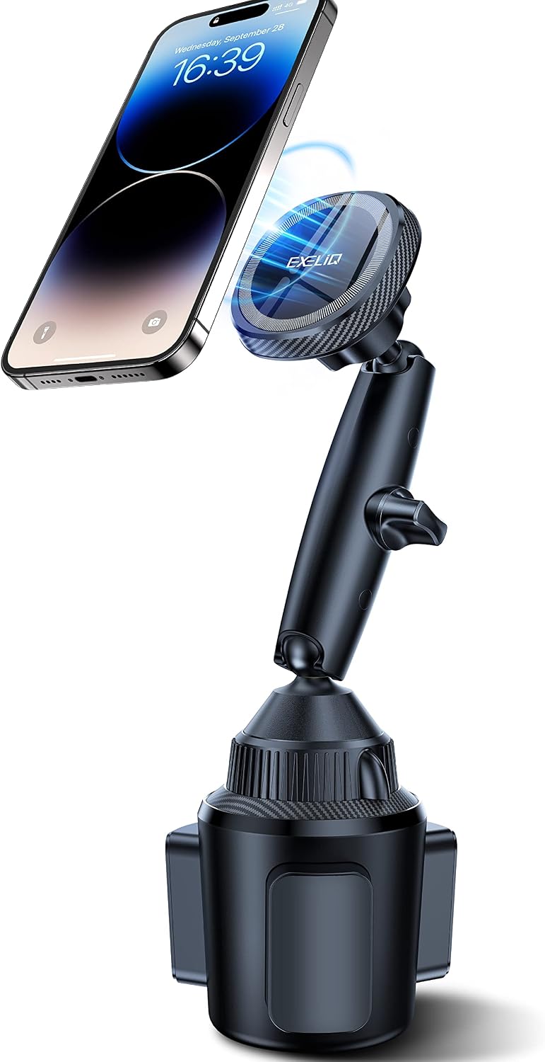 EXELIQ Magnetic Cup Holder Phone Cradle for Magsafe, Flexible Tri-Pivot Arm | Powerful N54 Magnet Cup Phone Holder for Car Tesla Truck SUV, Compatible with iPhone 17 16 15 14 13 12, Samsung [Not Charger]
