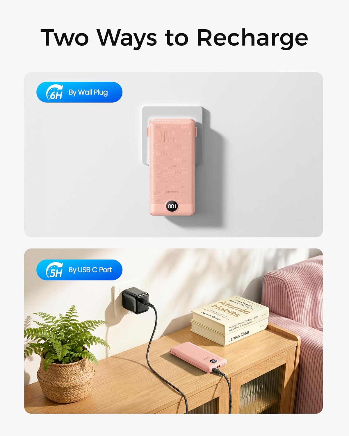 VEGER Portable Charger for iPhone, Power Bank Built in Cable and Wall Plug | 10000mAh Slim USB C Battery Pack, Travel Essentials for Camping Cruise Business Trip, Compatible with Smart Devices, Pink