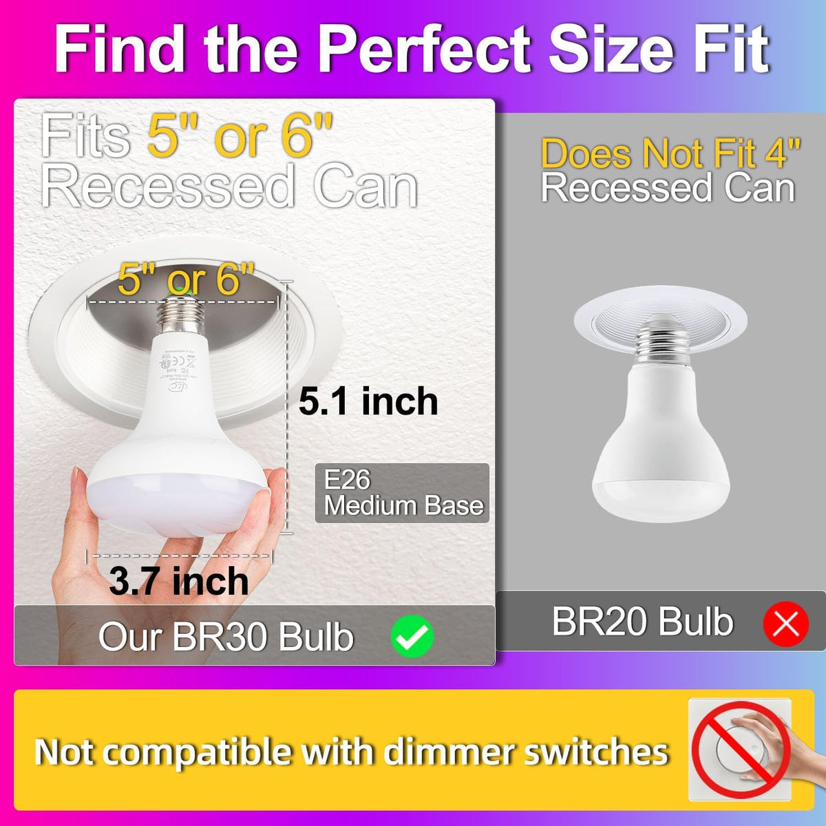 ILC BR30 LED Recessed Can Light Bulbs, Indoor Flood Light Bulbs, Bluetooth Mesh Color Changing via BRmesh APP, Tunable 2700K-6000K, E26 Base 10W 900LM (70W Equiv.), for 5"/6" Cans Only, 6 Pack
