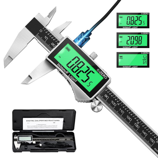 Digital Caliper, Rechargeable Calipers Measuring Tool with Large LCD Backlight Screen, 6 Inch Stainless Steel Vernier Micrometer, Auto-Off, Easy Switch from Inch Metric Fraction for DIY/Household