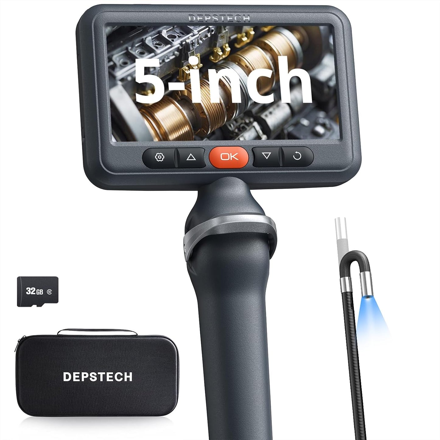 DEPSTECH 5" IPS Screen Articulating Borescope, Endoscope Camera with Light | 5FT 1080P Inspection Camera,Photos & Videos,0.24Inch 210° Two-Way Probe,32G TF Card,IP67 Waterproof for Automotive,Drain,HVAC