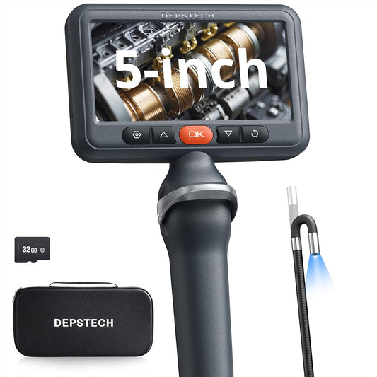 DEPSTECH 5" IPS Screen Articulating Borescope, Endoscope Camera with Light | 5FT 1080P Inspection Camera,Photos & Videos,0.24Inch 210° Two-Way Probe,32G TF Card,IP67 Waterproof for Automotive,Drain,HVAC