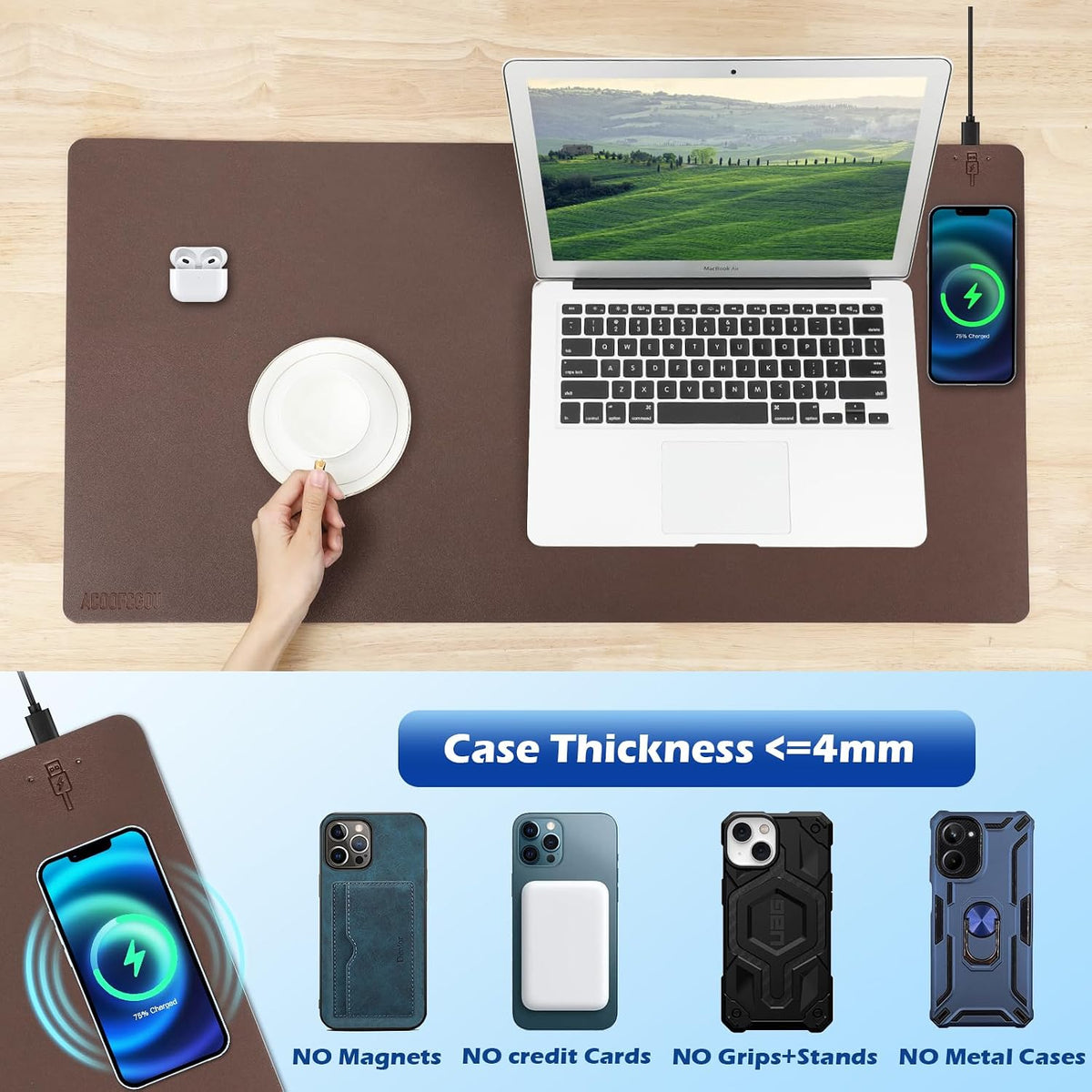 Wireless Charging Desk Mat, Mouse Pad, Brown-R, 32 * 16inch