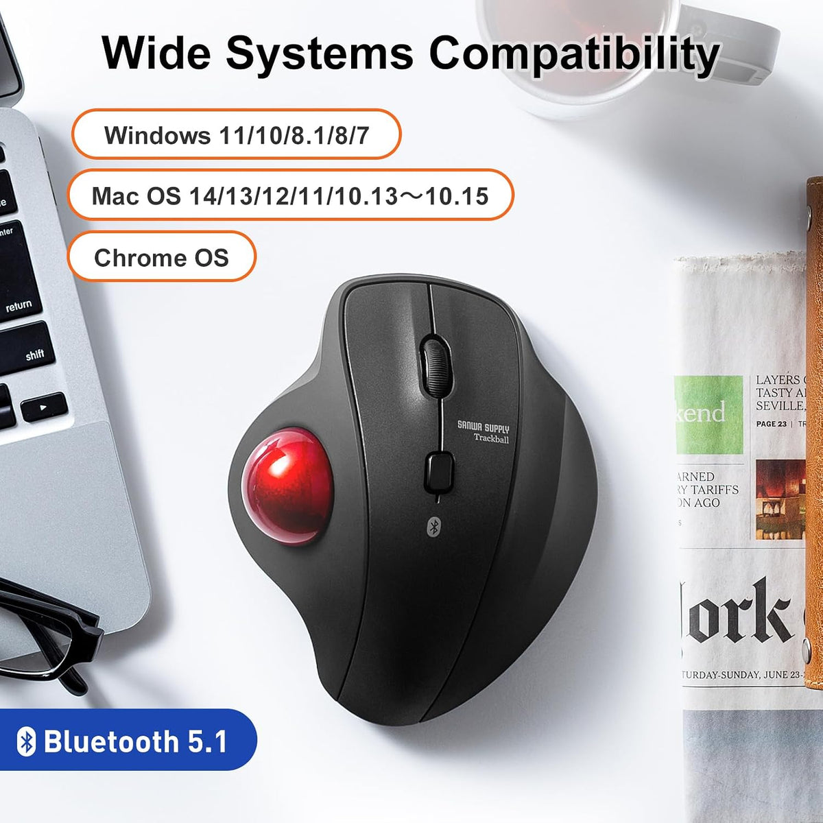 SANWA Bluetooth Trackball Mouse, Wireless Silent Click Roller Ball Mouse, Programmable with Software, 600/800/1200/1600 DPI, Precise Thumb Control, Compatible with Win, Mac, Laptop, PC - Red Ball