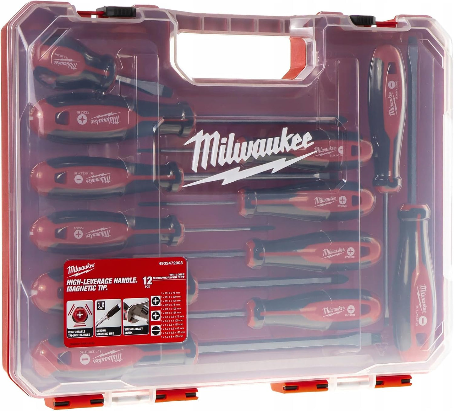 Milwaukee Set of 12 Tri-Lobe Screwdrivers 4932472003,Red
