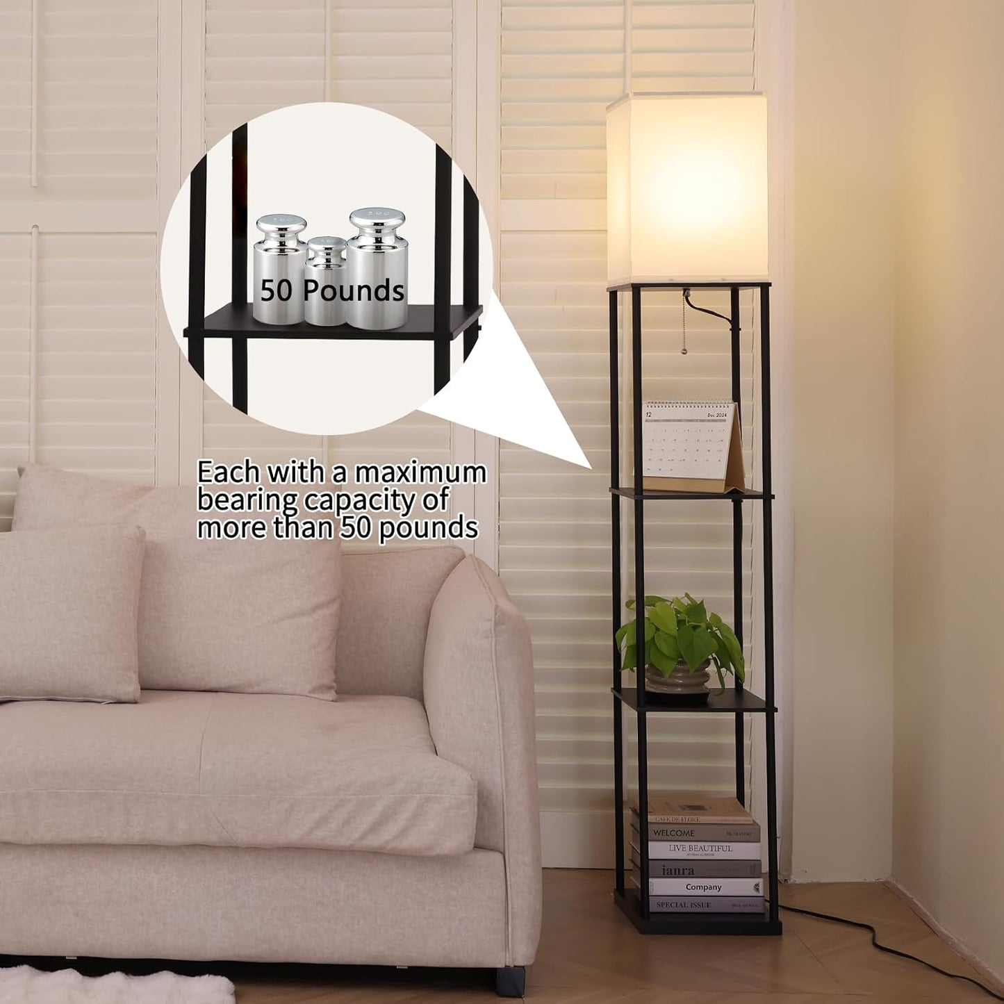 Gupuzm Floor Lamp with Shelves, Modern Square Standing Lamp with 3 Color Temperature Bulb, Corner Display Bookshelf Lamp for Living Room, Bedroom and Office (Black-2 Pack)