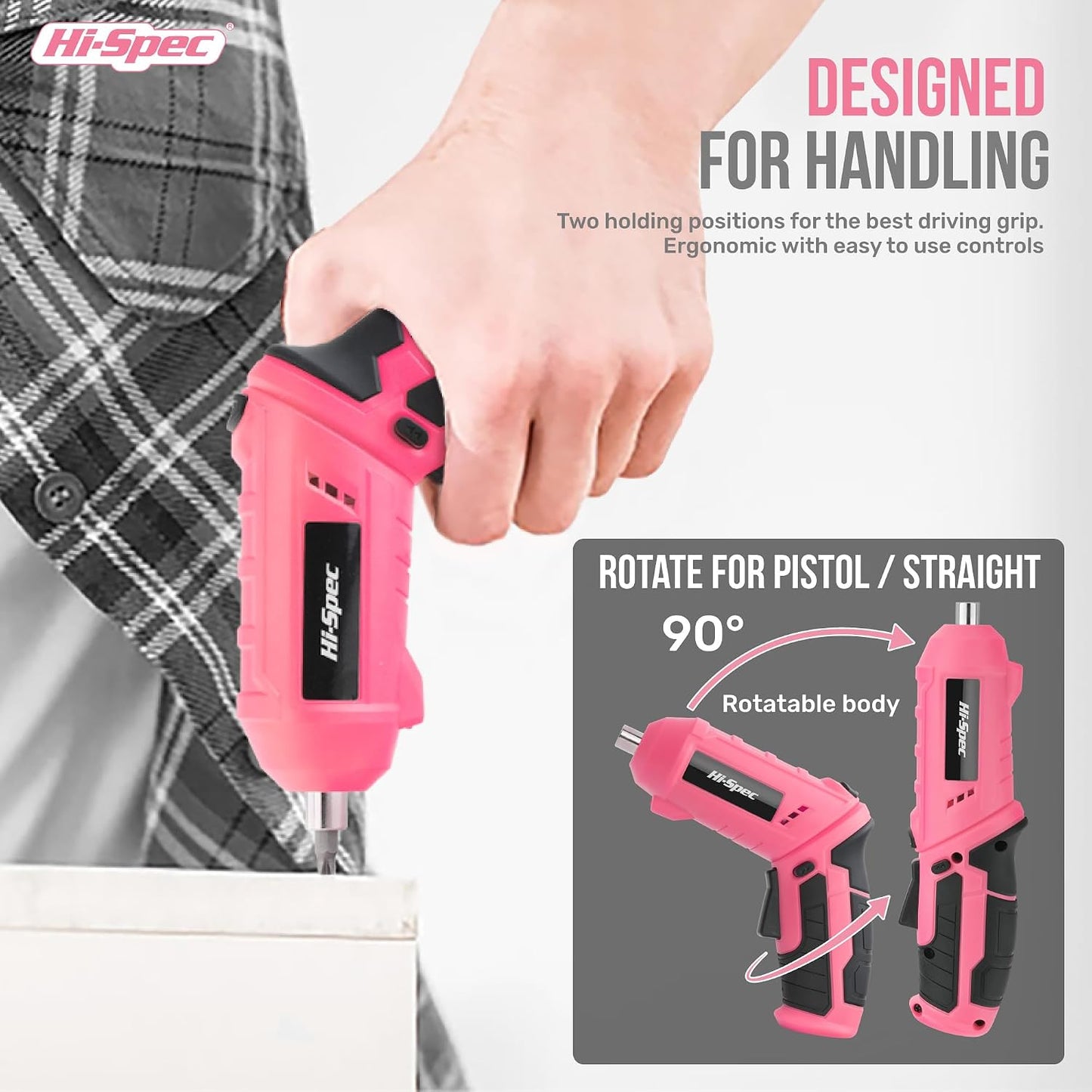 Hi-Spec 4V USB Electric Screwdriver Tool Kit for Home Repairs, Pink | 42pc, fast assembly help, common screw bit selection, LED visibility, compact grip, quick household fixes, organized storage
