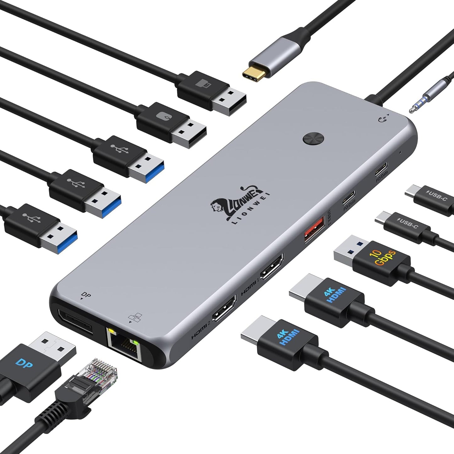 13-in-1 Docking Station Dual Monitor 4K LIONWEI USB C Hub for Laptop Mac | Triple 4K, Dual HDMI+DP, 10Gbps, 100W PD, Ethernet, 8 USB C/A Ports, with Switching Mode Botton, Audio, for Dell,HP,Lenovo