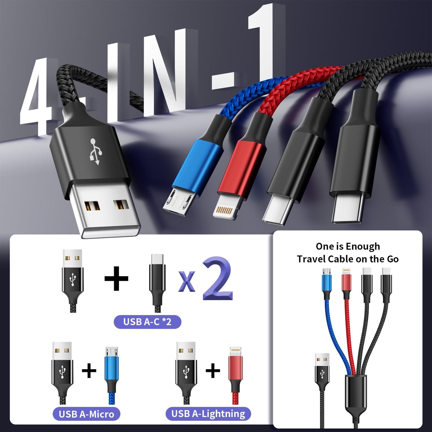 Dual TypeC 4 in 1 Multi Charging Cable, Charging Cords for Multiple Devices | 2Pack 5FT USB Cable, Universal Phone Charger Cord for iPhone17-8/Androids/iPad and More, Travel Essentials Car Accessories