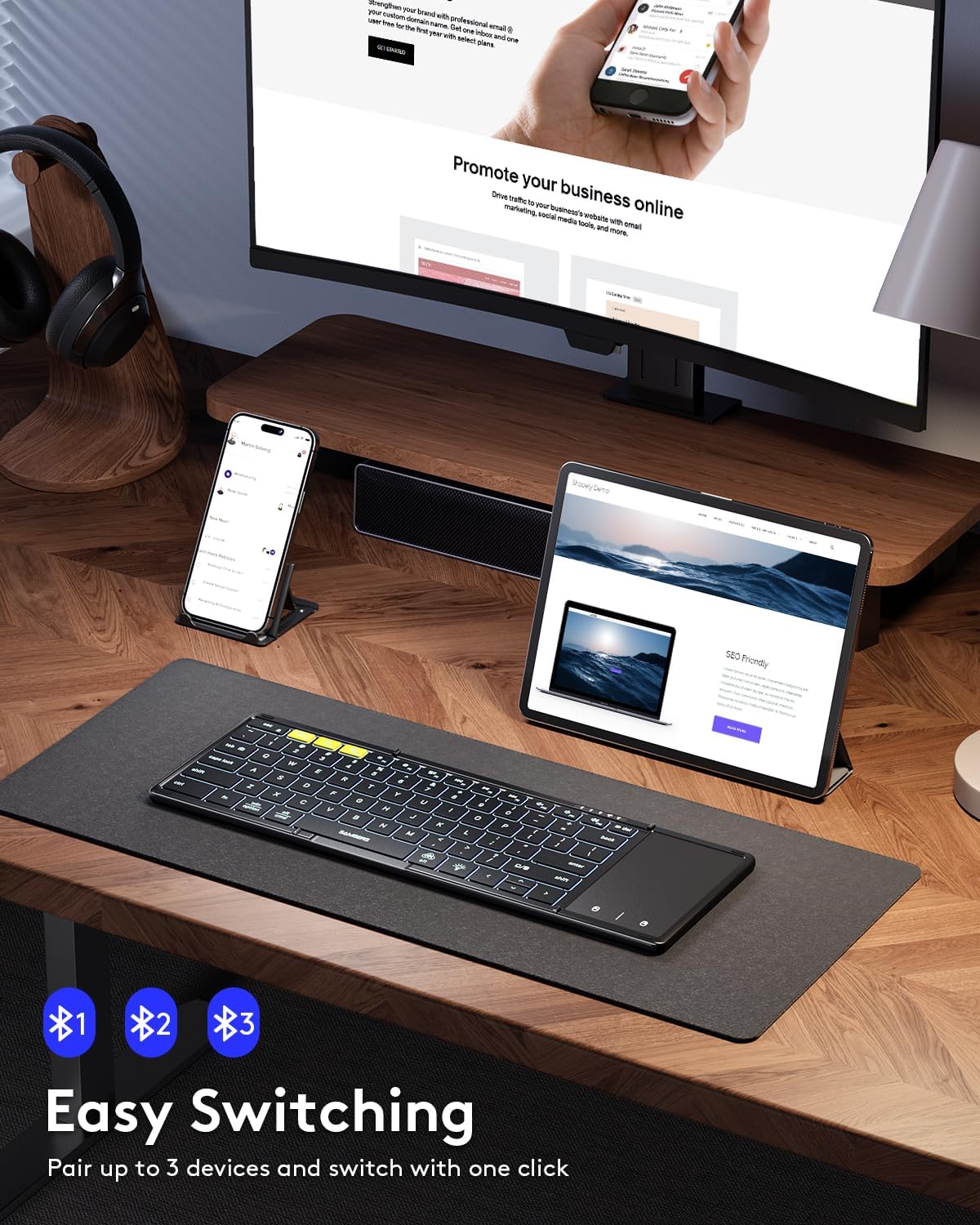 Samsers Full-Size Backlit Foldable Bluetooth Keyboard with Touchpad, Black