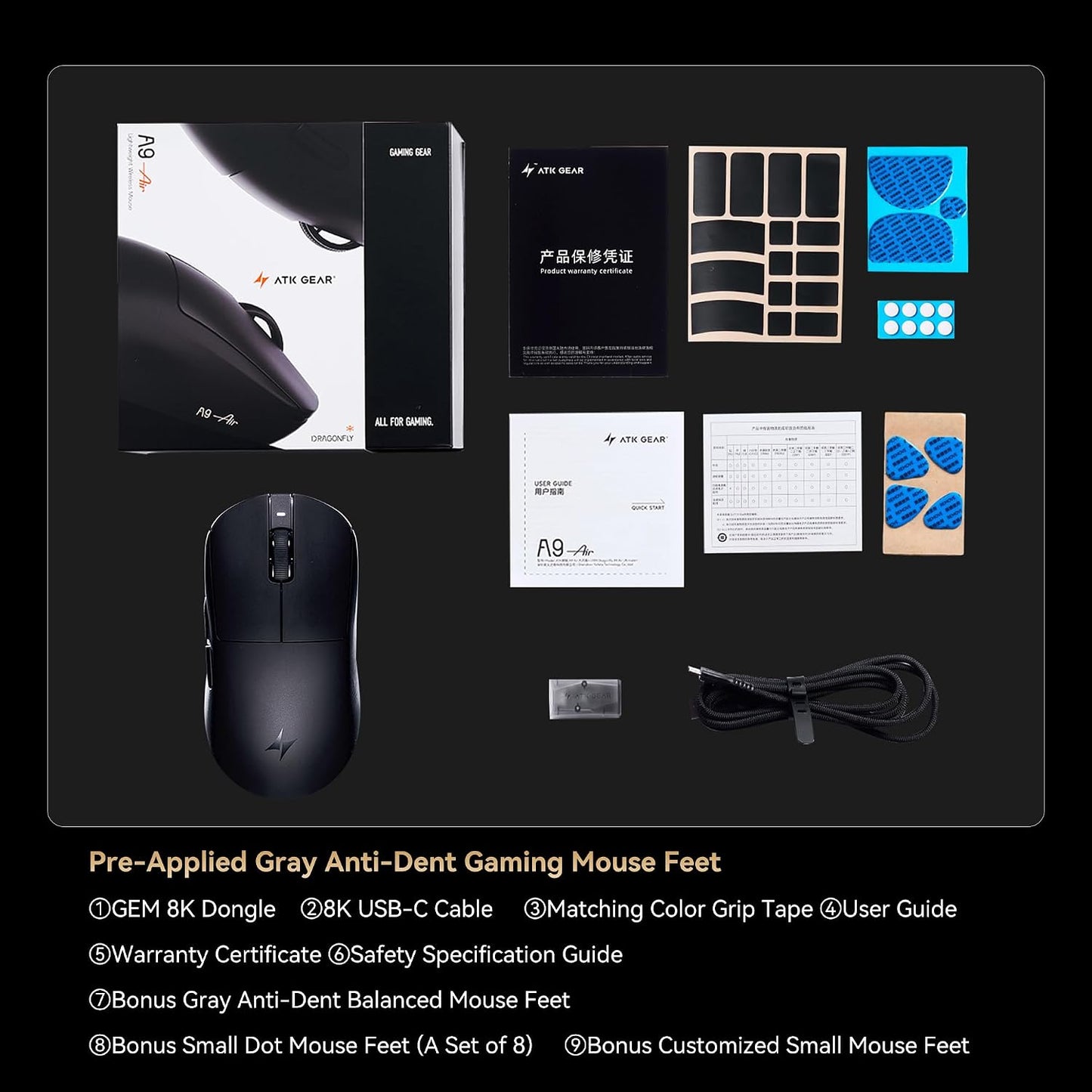 ATK Dragonfly A9 Air Wireless Gaming Mouse, PAW3950 Ultra Sensor, DPI up to 42,000, 47g Lightweight, 8K Polling, 300 Hr Battery Life, All-New Nano Coating, Dual-Mode 2.4G/Wired - Sunset Orange