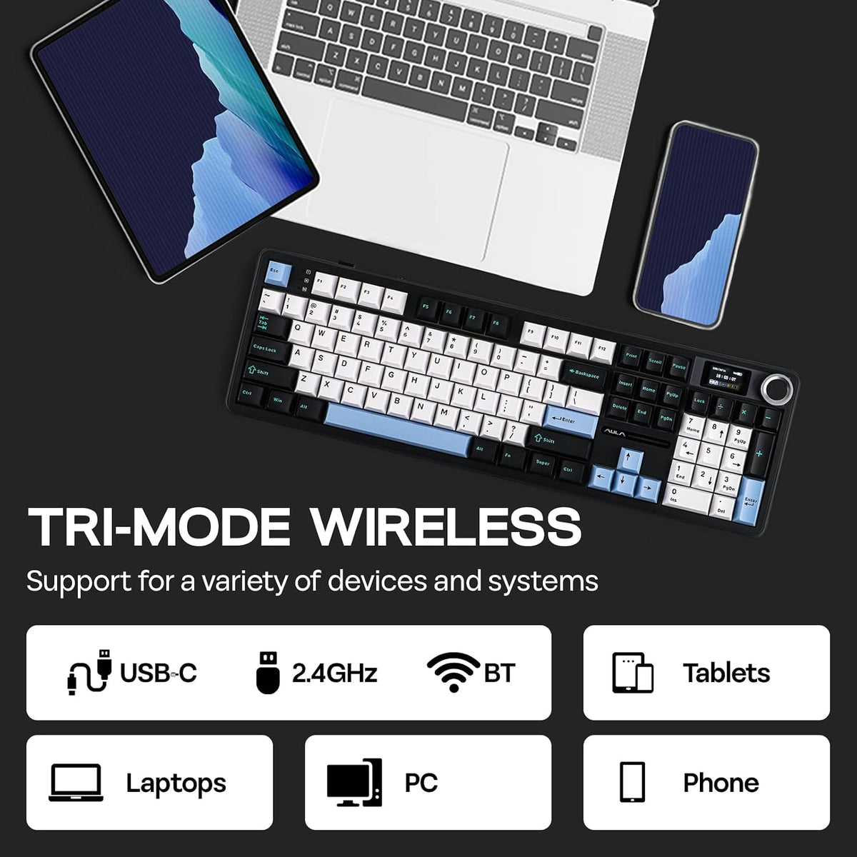 EPOMAKER X Aula F108 PRO Wireless Gaming Keyboard with Screen, 8000mAh Battery, 104 Hot-Swappable and Programmable Keys and Knob, RGB Backlight, for Mac/PC/Android (Blue&White&Black)