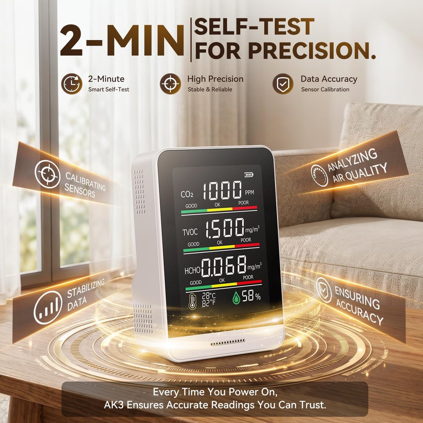 8-in-1 Indoor Air Quality Monitor – CO2 TVOC HCHO AQI Temperature Humidity Time & Air Status Display with Pocket Size Smart Monitor for Home, Car, Office, Hotel