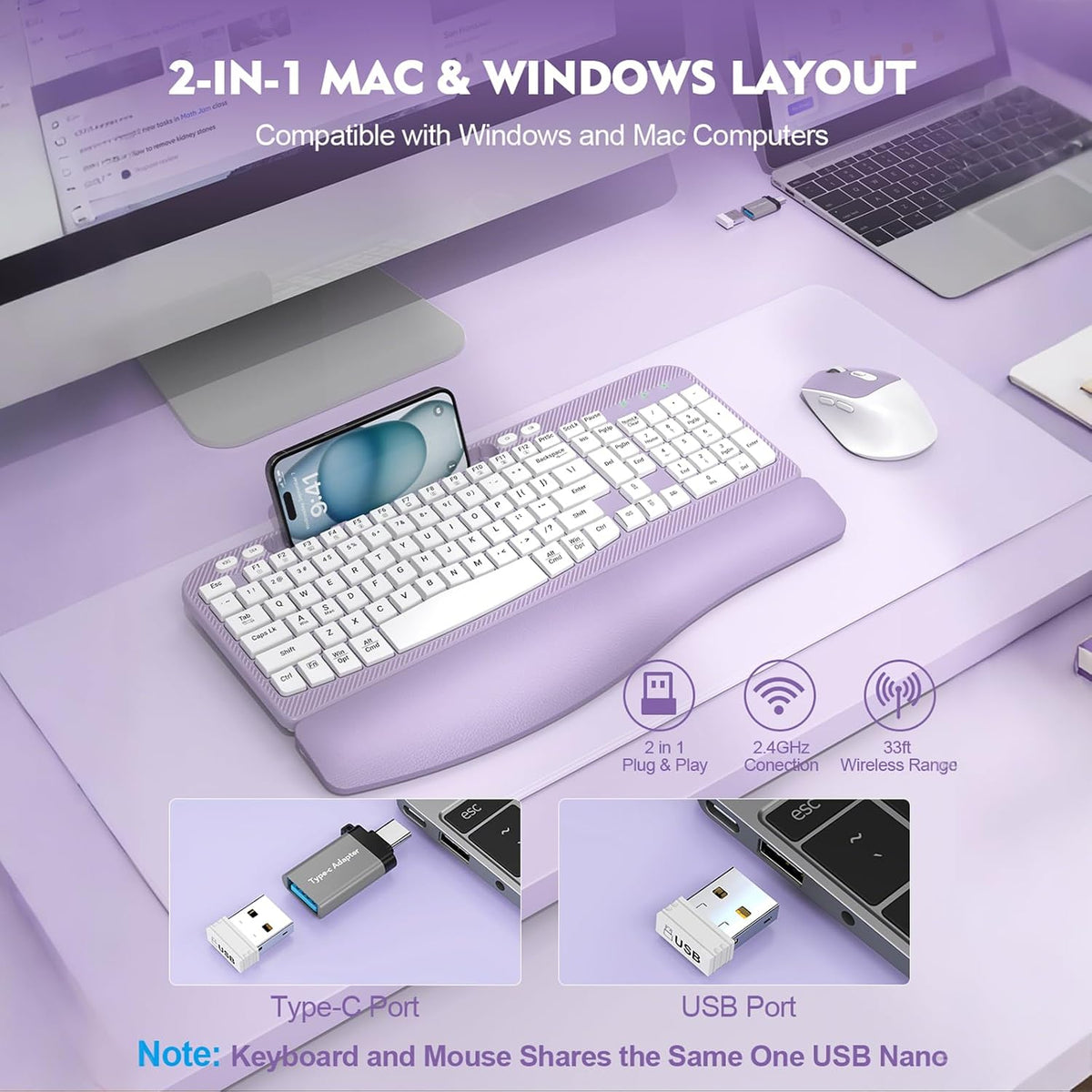 Wireless Keyboard and Mouse Combo, Full-Sized Ergonomic Wave Keys Keyboard with Memory Foam Wrist Rest & Phone Holder, 2.4G Quiet Keyboard Mouse Work Setup for PC Laptop, Office or Home (Purple)