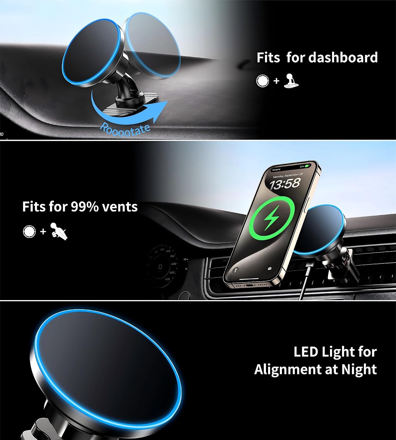 BHHB for iPhone 17 Magsafe Car Mount Charger, [2026 New] 15W 2in1 Magnetic Wireless Car Charger, fits for Magsafe Car Charger, Vent/Dashboard Phone Holder Mount for iPhone 17 16 15 14 13 12 Series