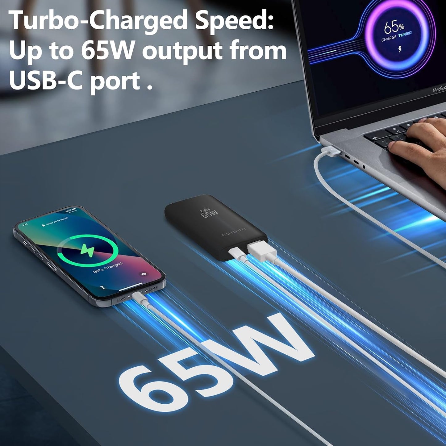 65W Flat GaN USB C Charger, Dual-Port Fast Wall Charger with PD 3.0 & QC 4.0, Foldable Plug Compact Power Adapter for MacBook Pro/Air, iPhone 16, iPad Pro, Samsung Galaxy S24, Steam Deck & More
