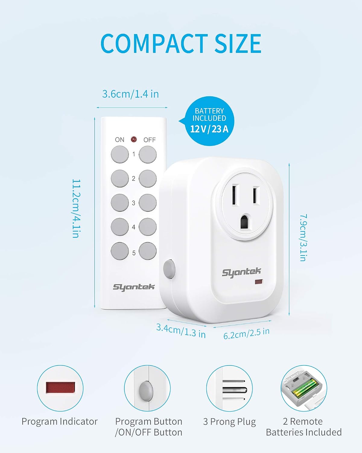 Syantek Upgraded Remote Control Outlet Wireless Light Switch for Household Appliances, Expandable Remote Light Switch Kit, Up to 100 ft Range, FCC Certified, ETL Listed, White (5 Outlets + 2 Remotes)