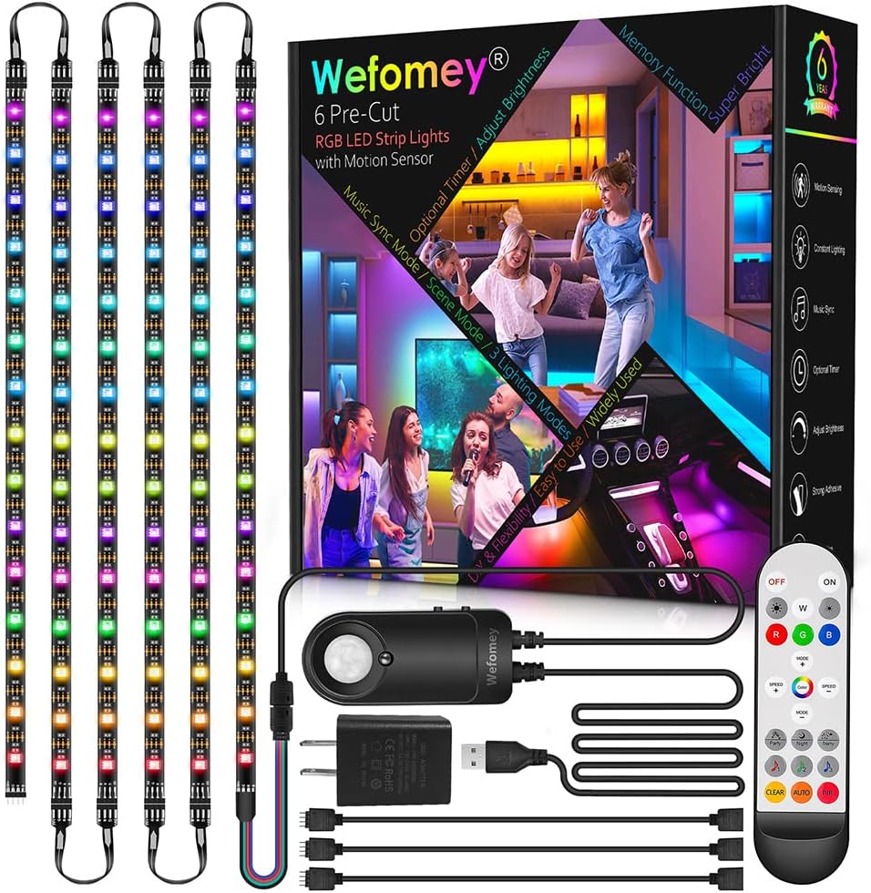 8 PCS RGB Under Cabinet Lighting Kit, 12v Motion Sensor LED Light Strip with Remote, ETL Listed Power Adapter, Music Sync Color Changing Led Lights for Shelves, Cabinet, Counter, Bookcase, 13ft