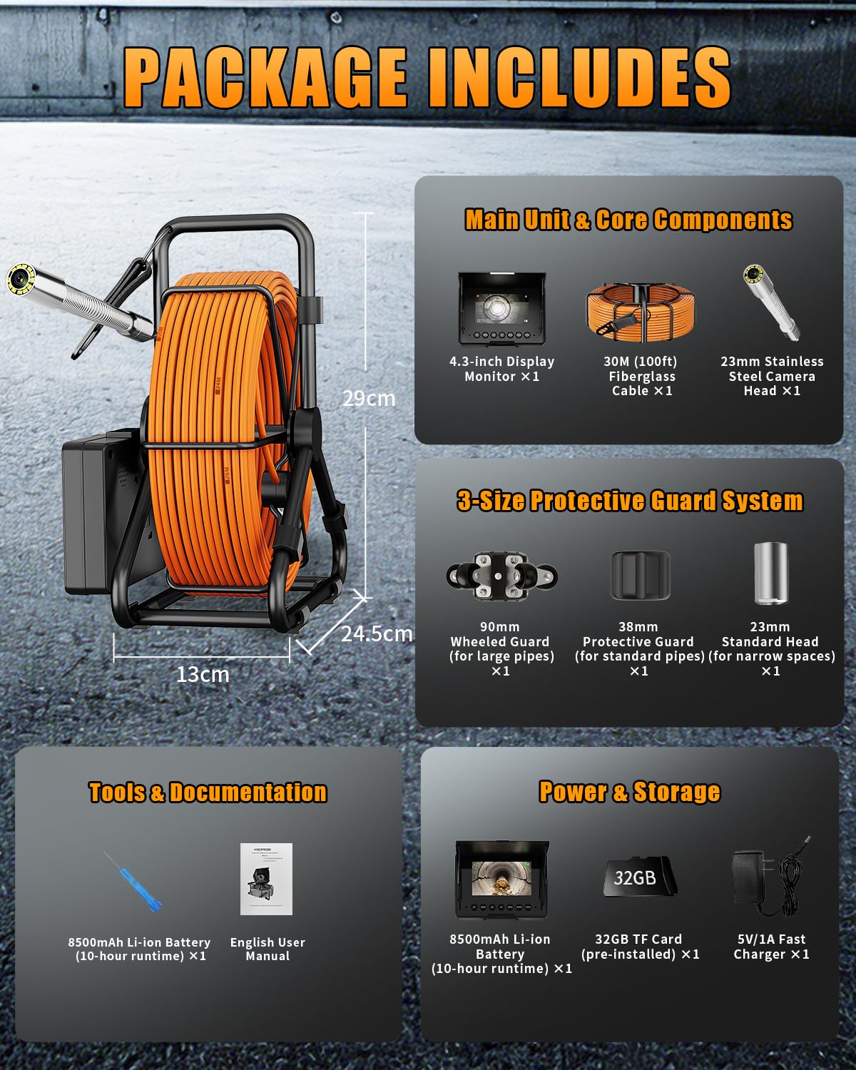 Sewer Camera 100ft, Drain Camera 4.3" with 23mm 1080P Probe, 8500mAh, 32GB Audio & Video Record, IP68 Waterproof for Plumbers, Drain Pipe & Industrial Inspection, Endoscope Camera with Light(12 LEDs)