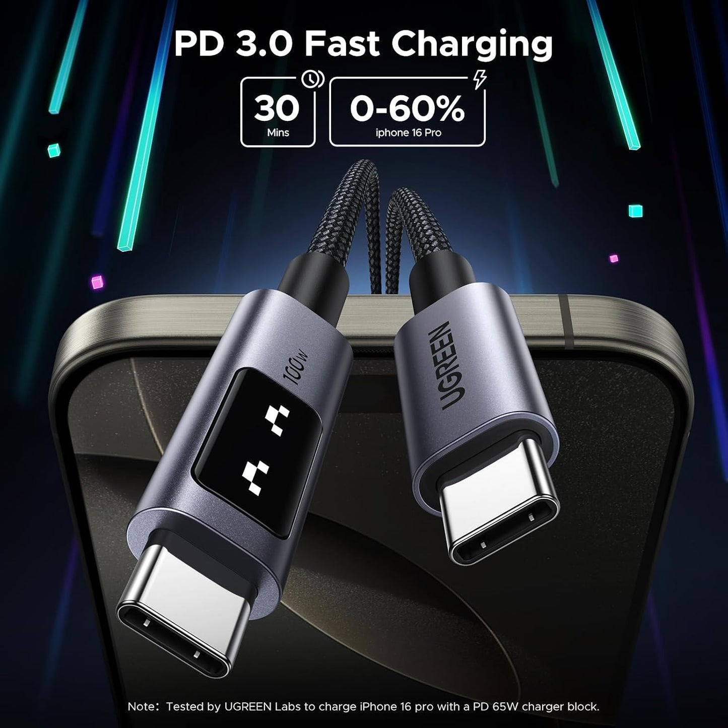 UGREEN Uno USB C Cable 100W with LED Display, Fast Charging, 6.6ft, Black | For iPhone 17/16/15, MacBook Pro/Air, iPad Pro/Air/Mini, Galaxy S26/S25/S24, Dell XPS, Pixel, Switch, and more