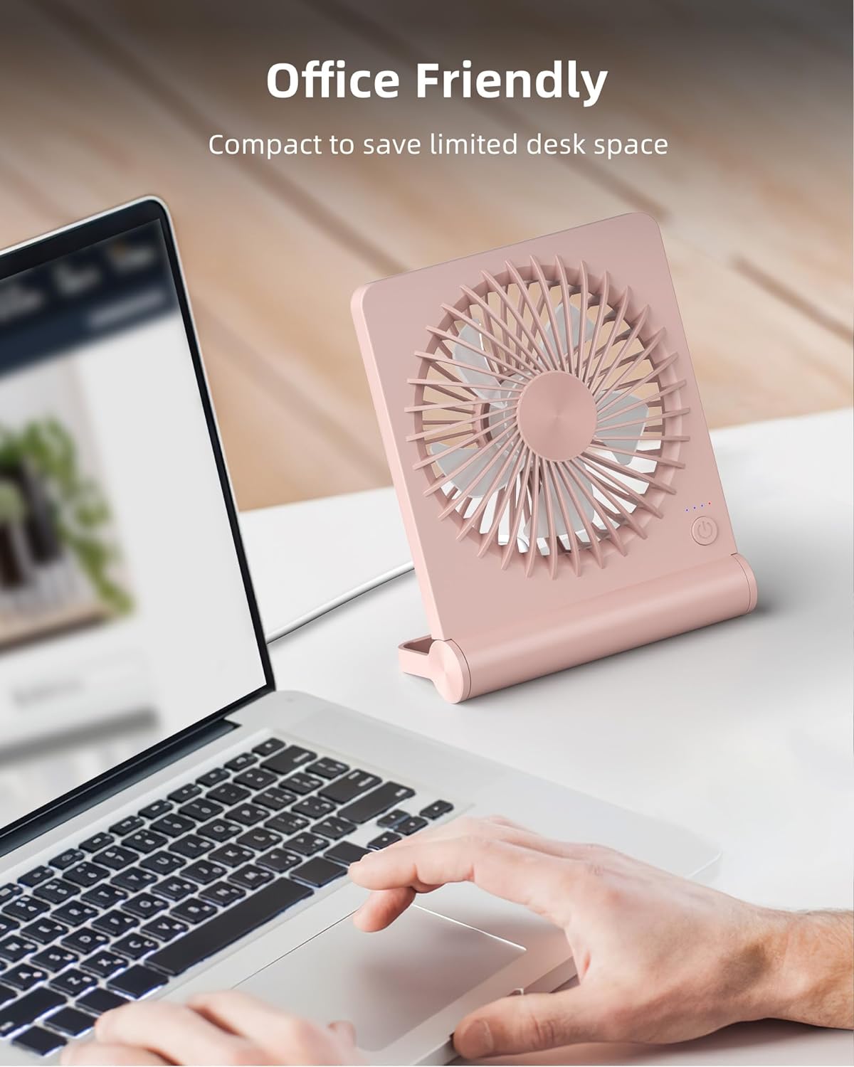 Koonie USB Desk Fan, Strong Wind Ultra Quiet Small Mini Fan | 220° Tilt Folding & 3 Speeds Adjustable, USB-C Powered Personal Fan for Home Office Desktop, Pink, NO BATTERY