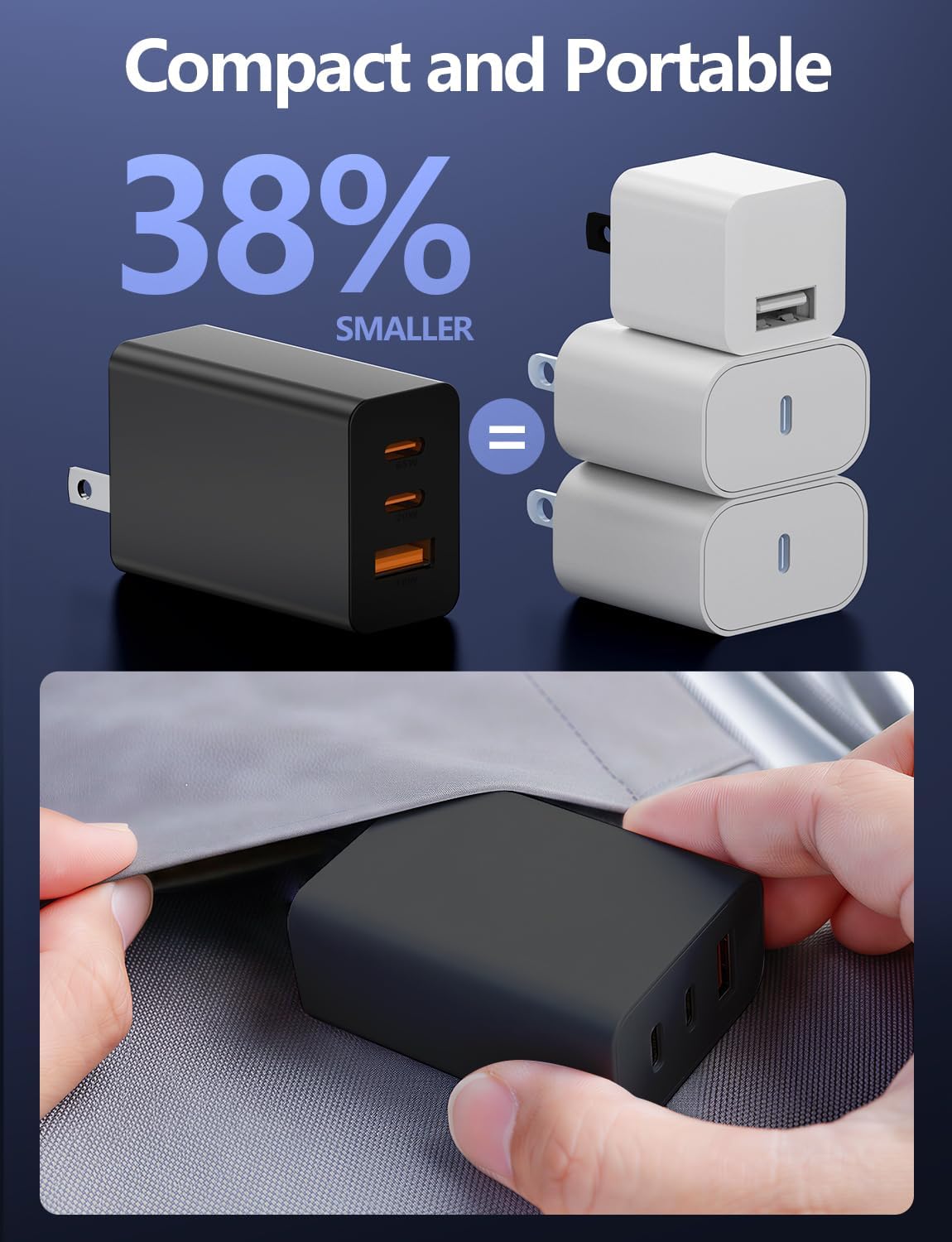 2-Pack 65W USB C Charger Block, 3-Port PD 3.0 Fast Charging Wall Plug | Power Adapter with 65W Type C Ports for iPhone 17/16/15/14/13 Pro Max,for iPad Pro/Air/Mini,Galaxy S26 / S25 and More-Black