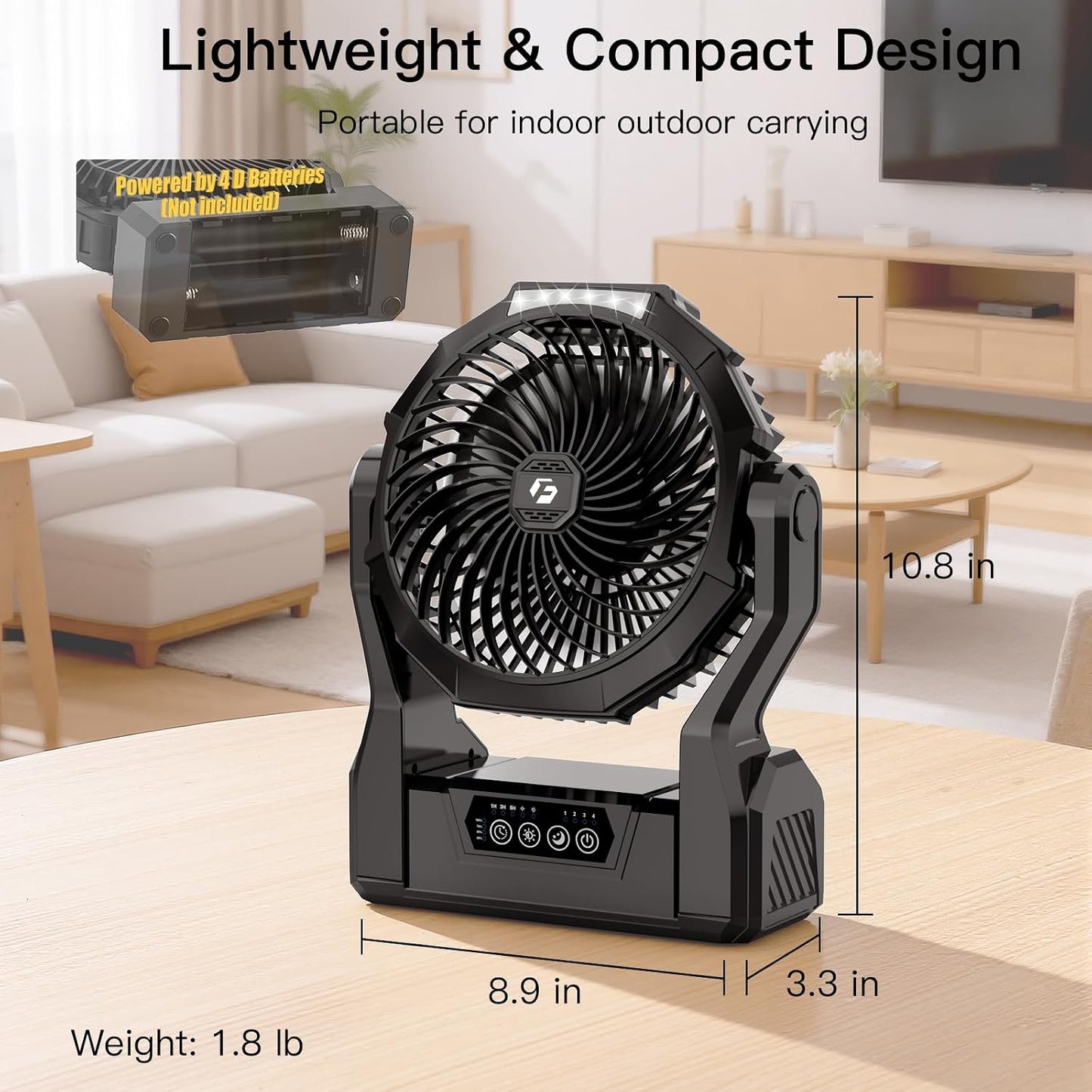 Battery Operated Fan, 2-in-1 D-Cell Battery & USB Powered Portable Fan with 4 Speeds, 3 Timers & 2 Light Modes, Super Long Lasting Camping Fan for Outdoor Tent Travel Picnic Office Bedroom - Black