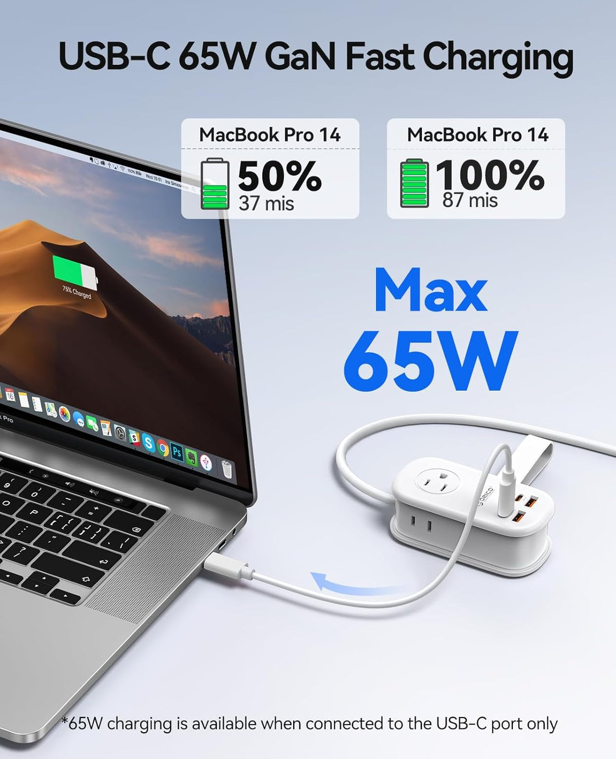 ORICO 65W GaN Travel Power Strip with Flat Plug and 4FT Extension Cord | 7-in-1 Charging Ports (3 AC Outlets/2 USB-A/2 USB-C), Fast Charger for MacBook Pro/Air, iPad Pro, iPhone 17/16/15- AP3