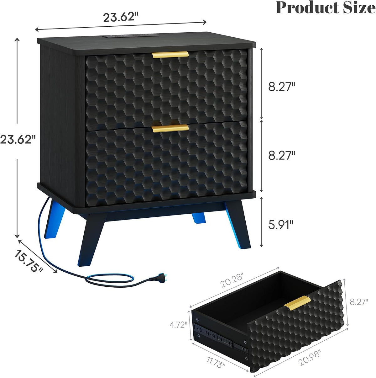 LVSOMT Smart Nightstand with Charging Station and LED Lights