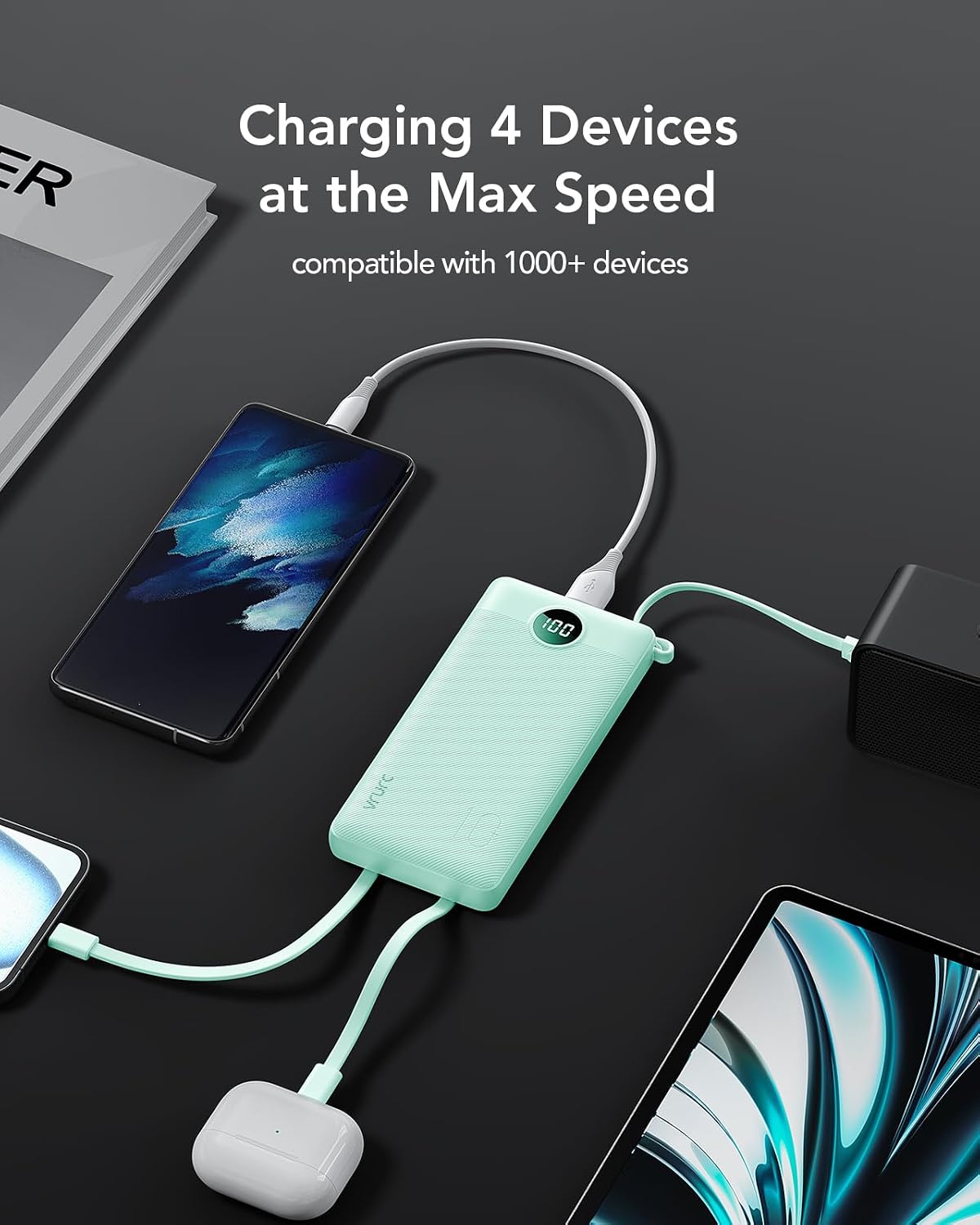 VRURC Portable Charger, 22.5W Fast Charging Power Bank Built‑in 4 Cables | 10000mAh Slim Lightweight Travel Battery Pack for iPhone, Samsung & Multi Devices, Pocket‑Friendly with Lanyard-Green(1 Pack)