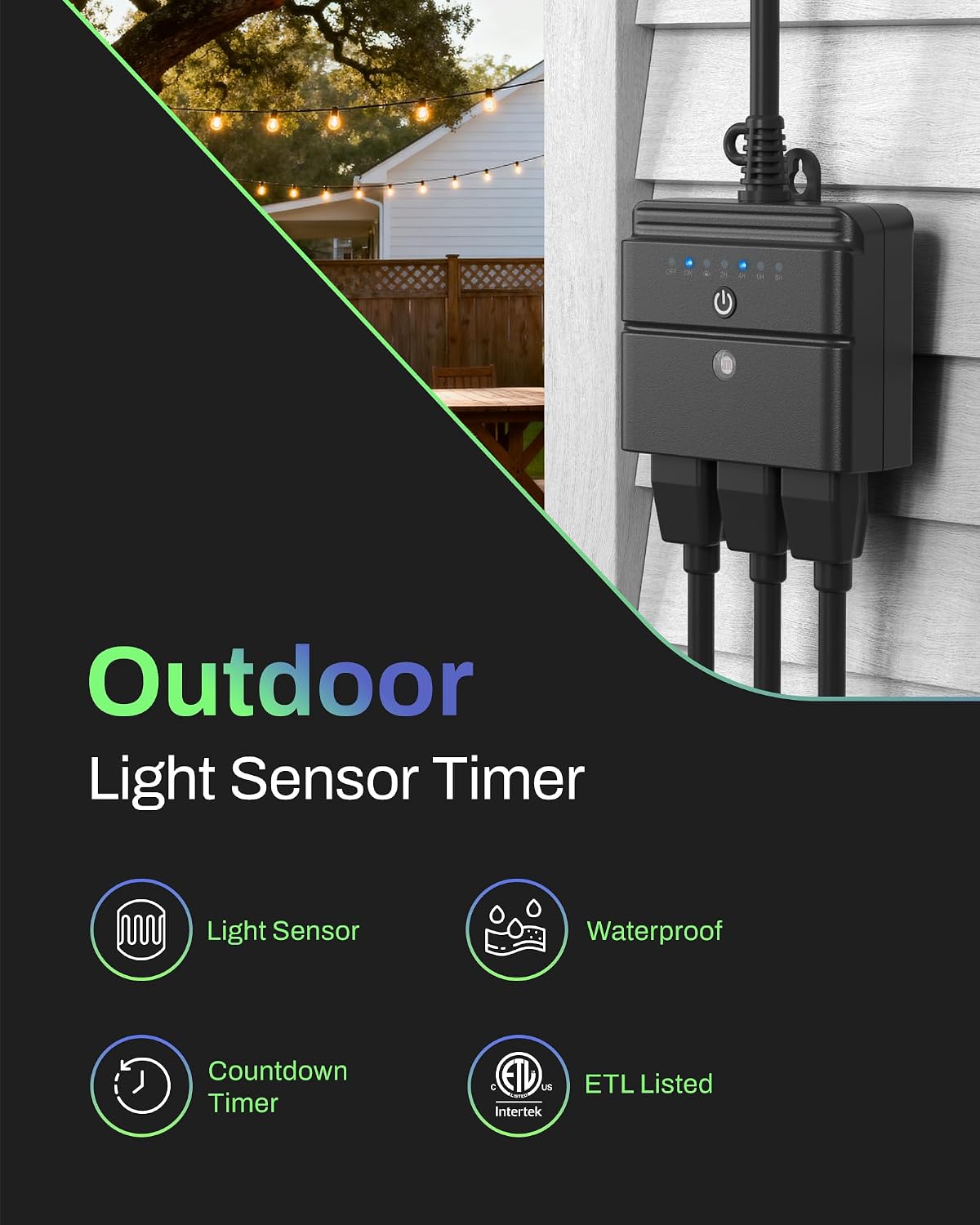BN-LINK Outdoor Timer for Lights, 15A 1/2HP, 2 Grounded Outlets, ETL Listed