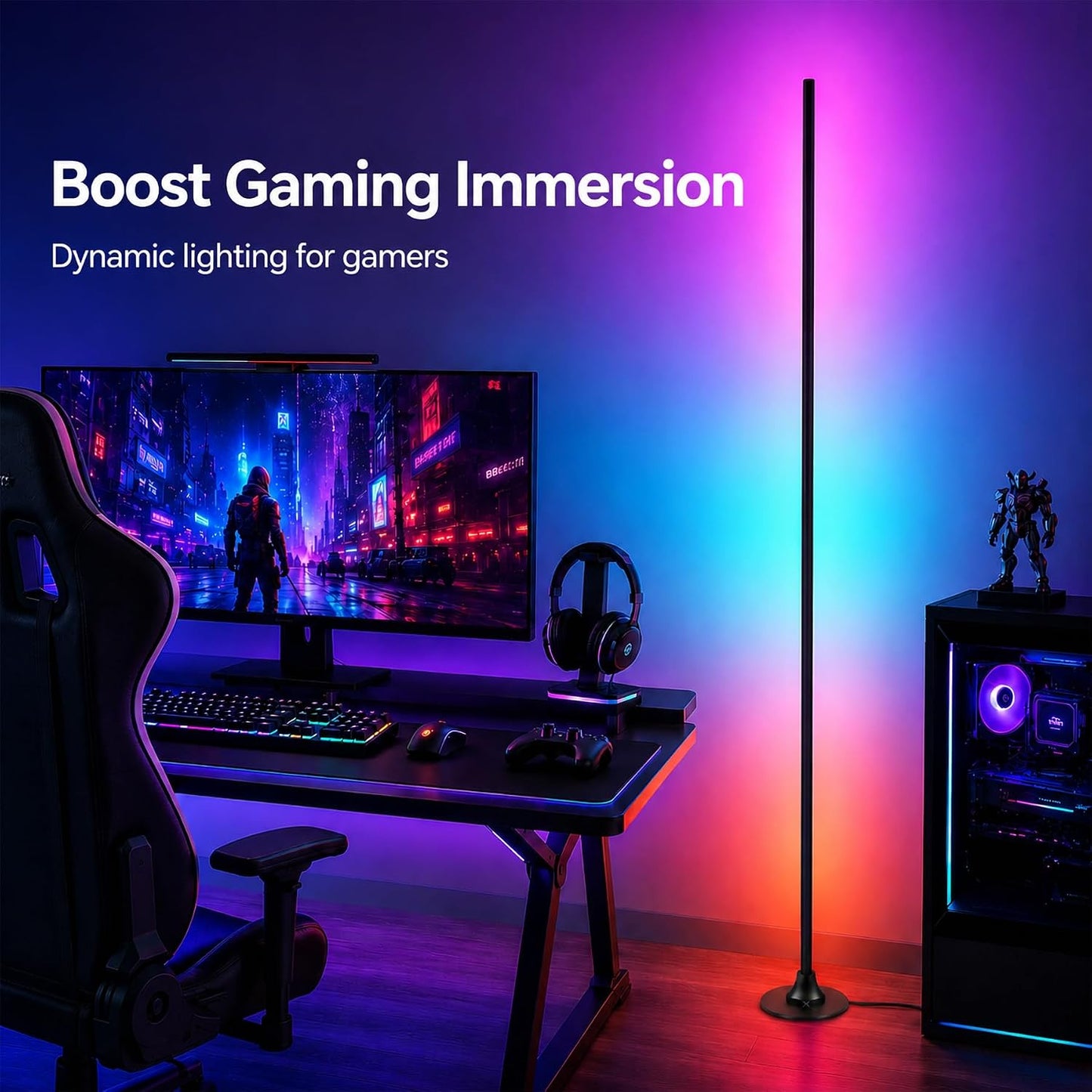 Corner Floor Lamp with Remote & App Control,RGB Color Changing LED Floor Lamp with Music Sync,16 Million Colors & 100+ Scene Modes,Dimmable Ambient Light for Living Room Gaming Room,USB Powered
