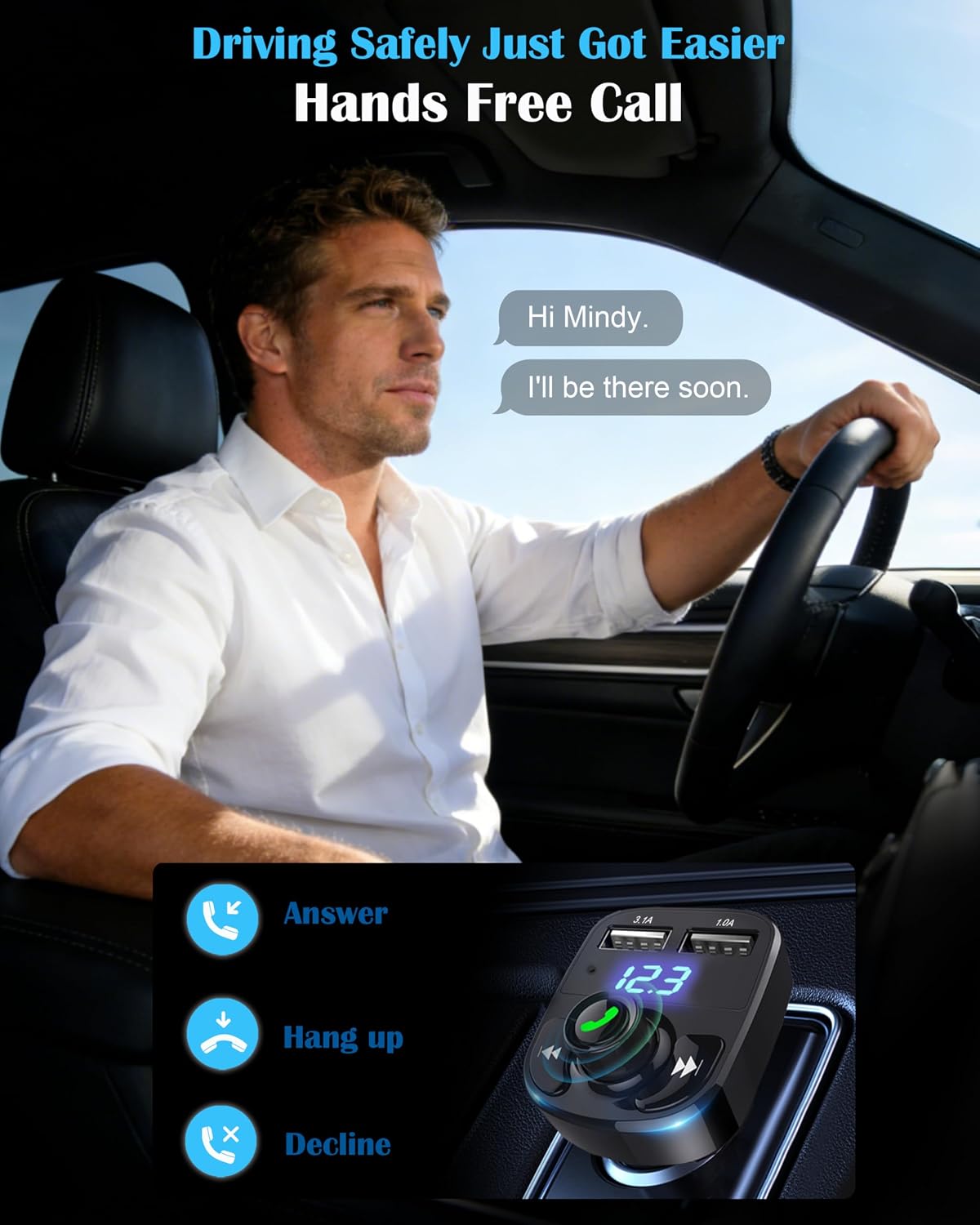 LIHAN Bluetooth Car Adapter 5.3, FM Transmitter, Dual USB Charger | Stream music, Spotify and GPS navigation with hands-free calling while charging two devices through dual USB ports