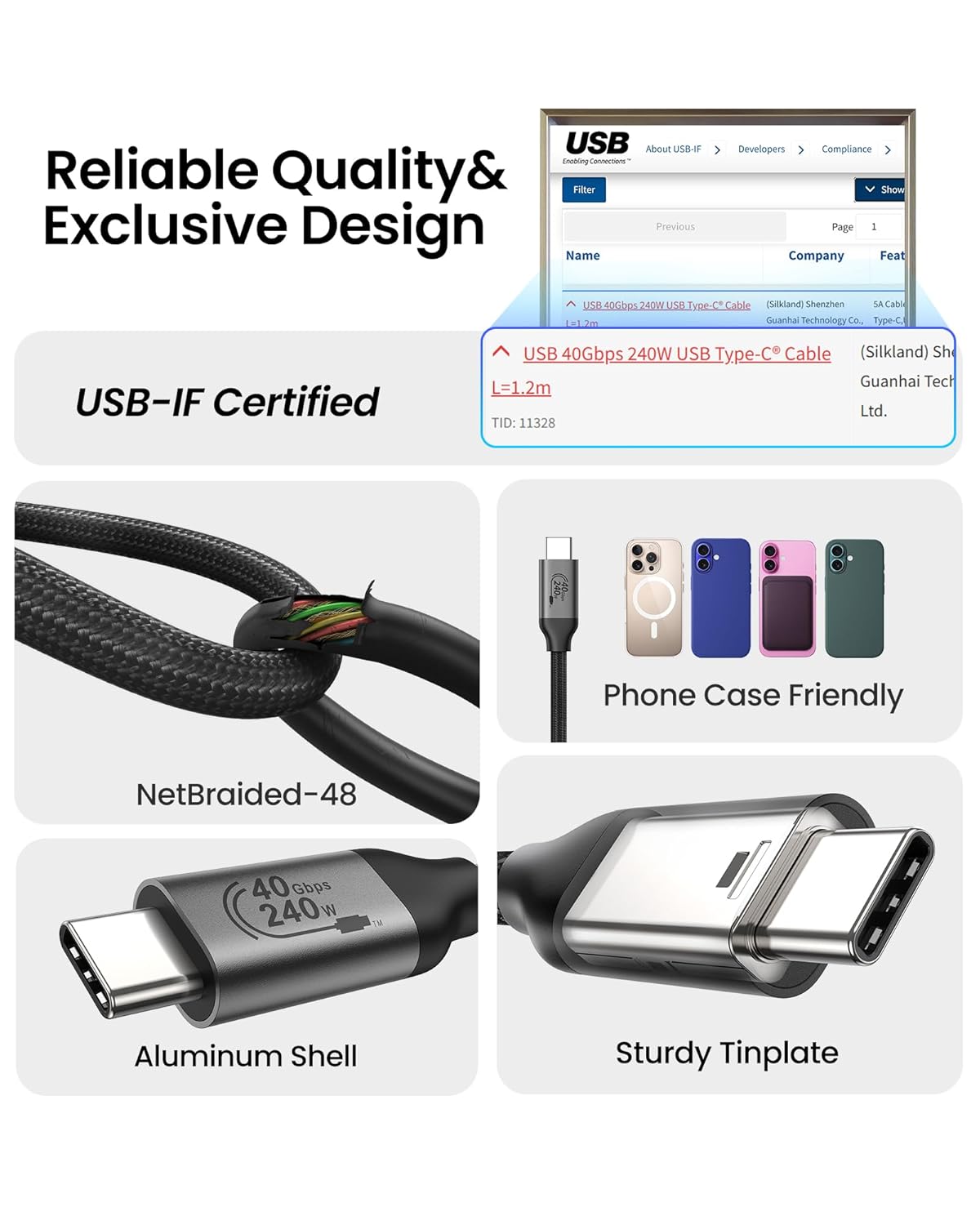 Silkland 40Gbps USB 4 for Thunderbolt 4 Cable 4FT, 240W PD3.1, 8K/Dual 4K | USB-IF Certified, Braided USB C Data Cable Compatible for SSD, MacBook, iPhone 17/16, iPad, Dock