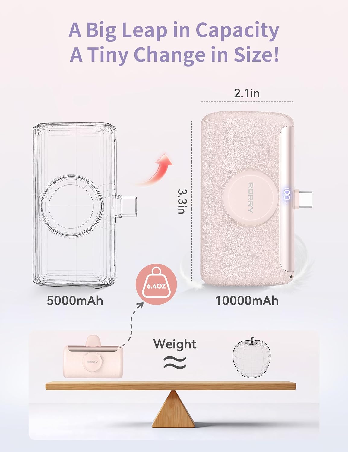 RORRY PalmGo Portable Charger Power Bank 10000mAh 3-in-1 Mini Battery Pack | Built-in USB-C Connector, 22.5W Fast Charging, for iPhone 17/16/15, Apple Watch, iPad, Travel Essential, Pocket Size