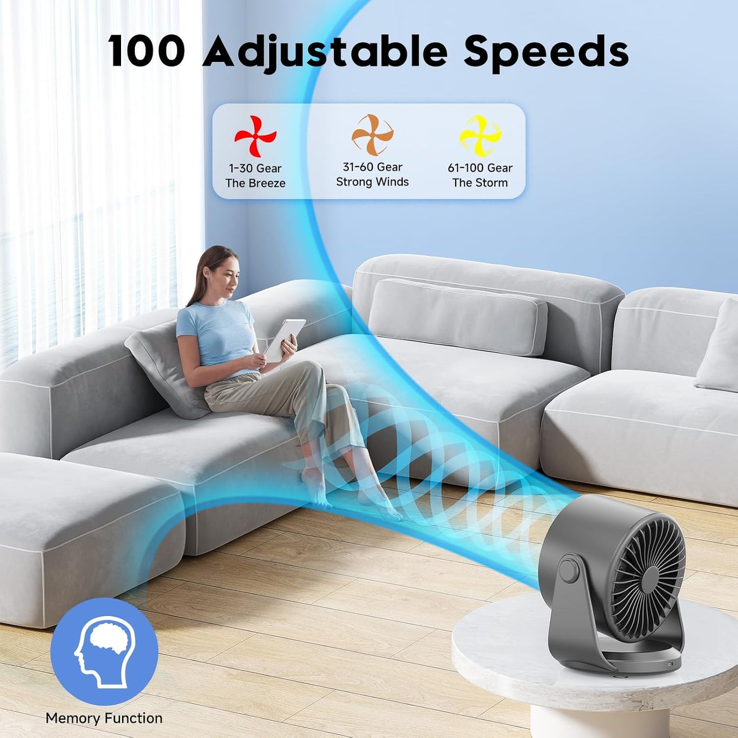 YOSHENMO Desk Fan, Turbo Table Fan for Bedroom, 100-Speed Digital Display, Low Noise, 105° Adjustable Tilt, 7.5-inch, Rechargeable Battery, Wall-Mouted Design for Home, Office, Travel Grey