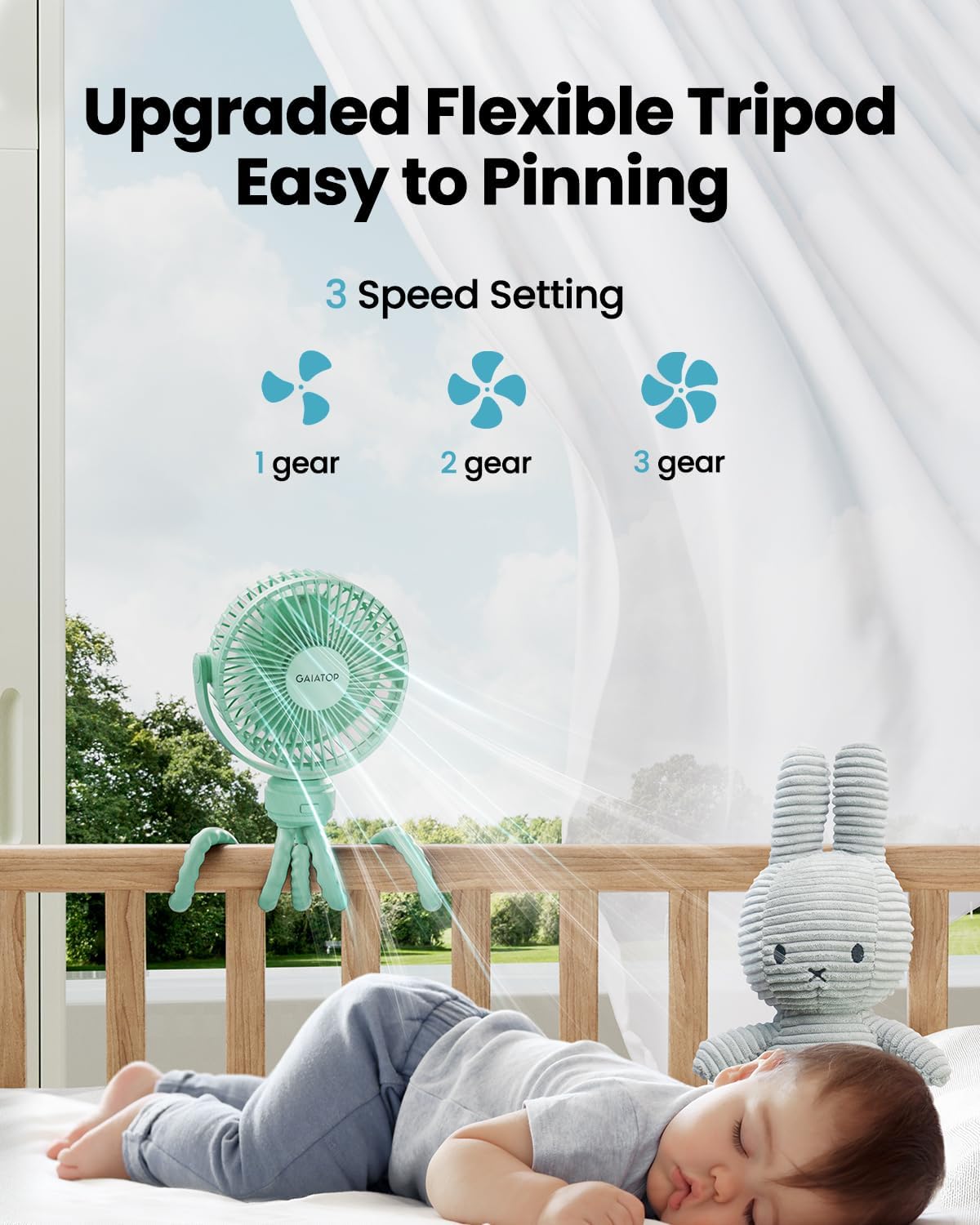 Gaiatop Mini Portable Stroller Fan, Small Clip on Fan 3 Speed Rechargeable | 360° Rotate Flexible Tripod, Battery Operated Detachable, Cooling for Car Seat Crib Treadmill Travel Green