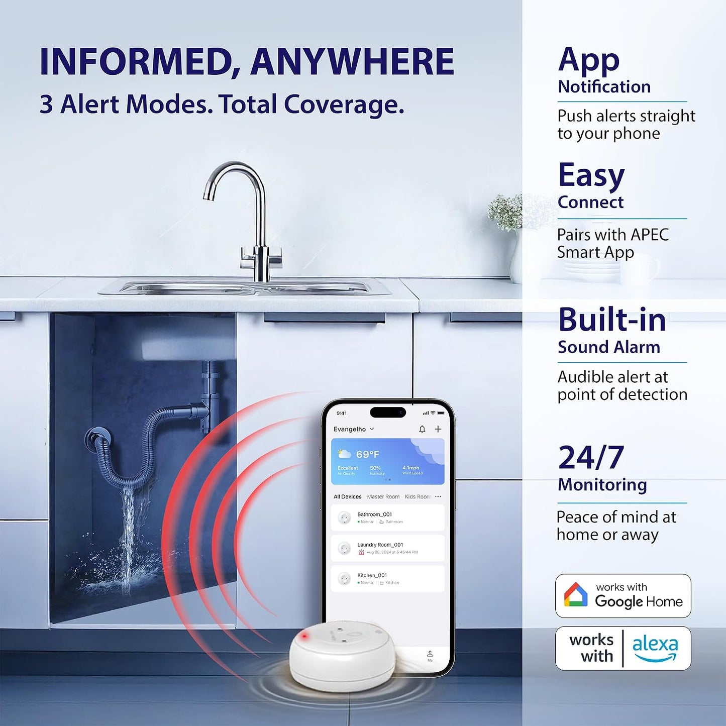 APEC Water WiFi Water Leak Detector, Dual Sensor, Pack of 1 | App Connected for Real-Time Alerts, Seamless Smartphone Integration, Trusted Reliability, White Color Housing