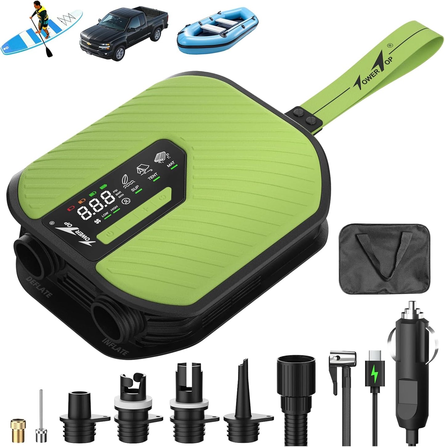 TowerTop Electric Paddle Board Pump: 10500mAh Rechargeable Car/SUP Pump, 50PSI Paddleboard Pump, 12V DC Dual Stage (Inflation & Deflation) with 8 Nozzles for Paddle Boards, Inflatables, Kayaks, Car