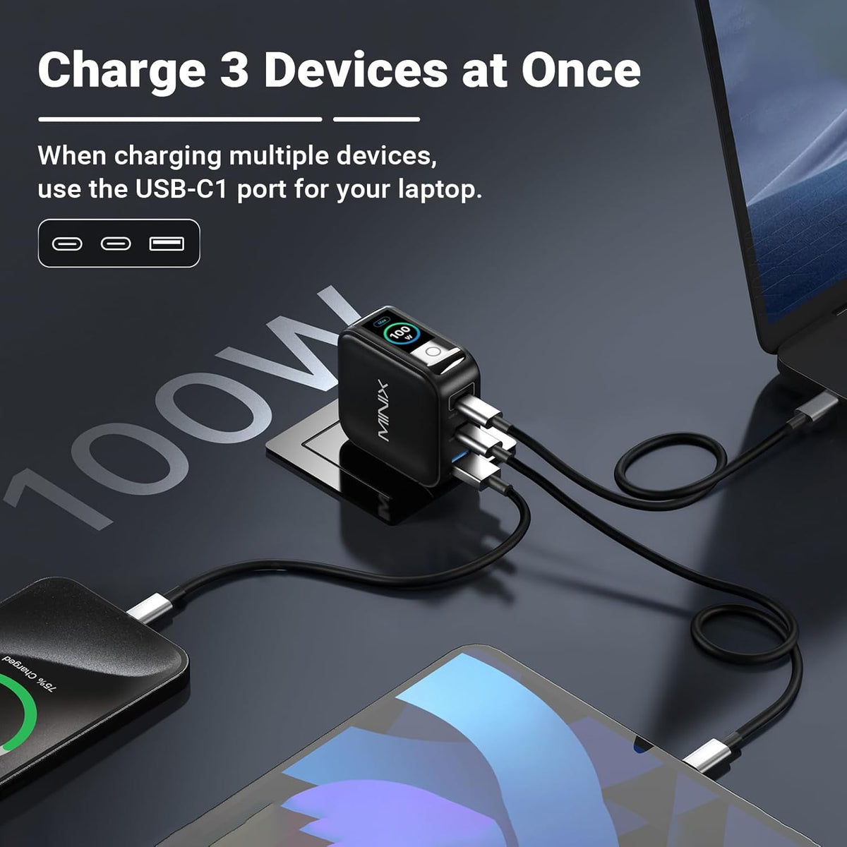 MINIX 100W 3-Port GaN USB C Fast Charger Block with Smart Display, Foldable | Ultra-Compact Laptop Travel Wall Adapter, Touch Control for MacBook Pro, iPhone 17/16, iPad, Galaxy S25/24 (Non-Battery)