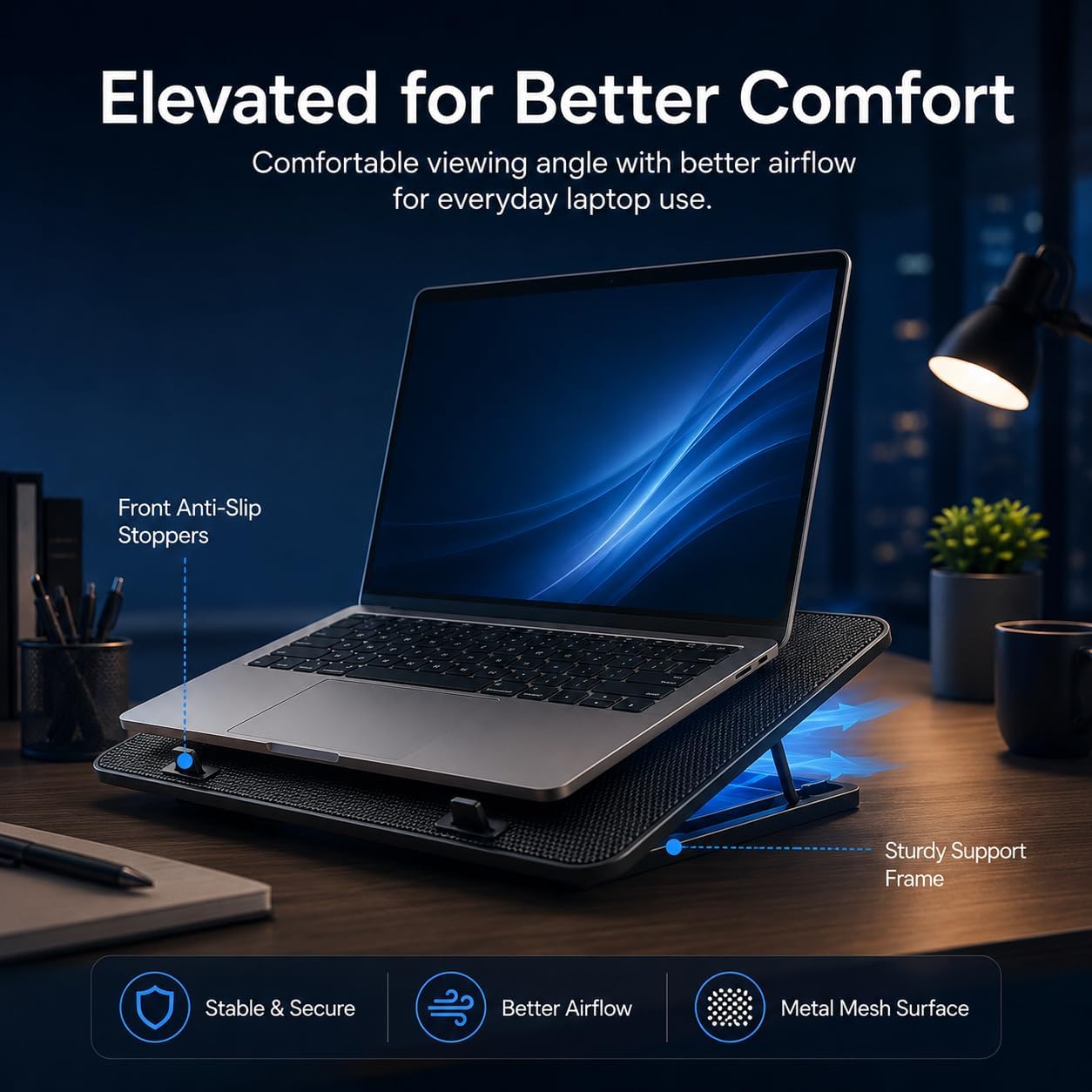 Rappet Laptop Cooling Pad, 6 Fans, 4-Level Stand, Dual USB, 12-17 Inch | Cooling and ergonomic support for 12-17 inch laptops, ideal for home offices, study spaces and daily work.