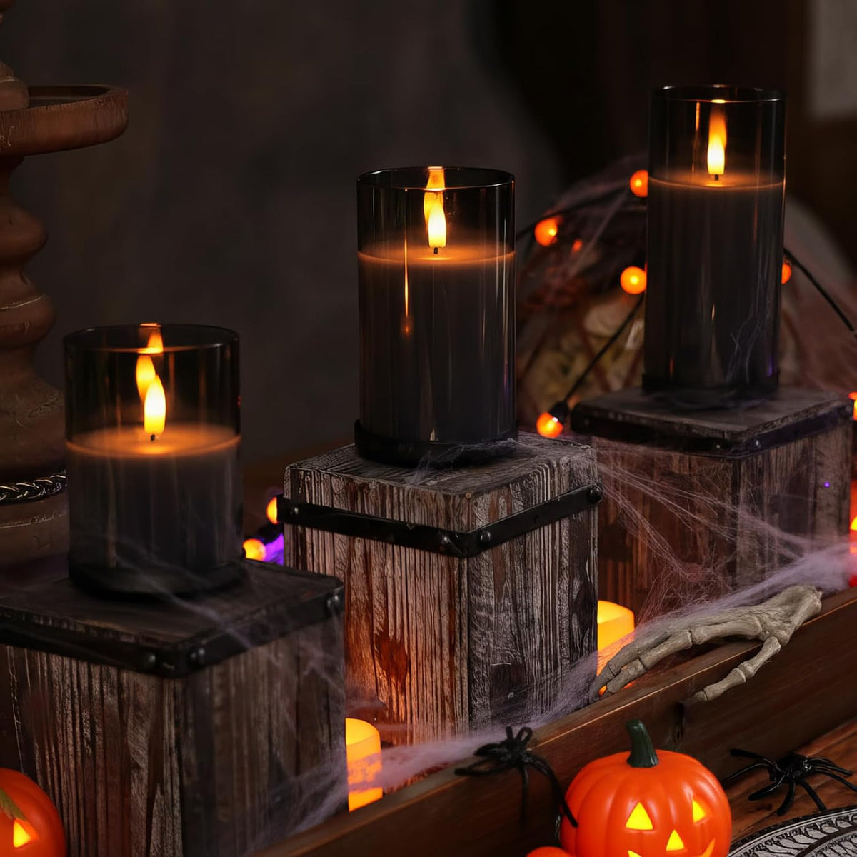 Homemory Grey Glass Flameless Candles, Real Wax, Remote Timer, 3 Pack | D3"xH4"5"6", battery operated flickering LED pillar c, les, Halloween centerpiece, mantel, dining table , home decor