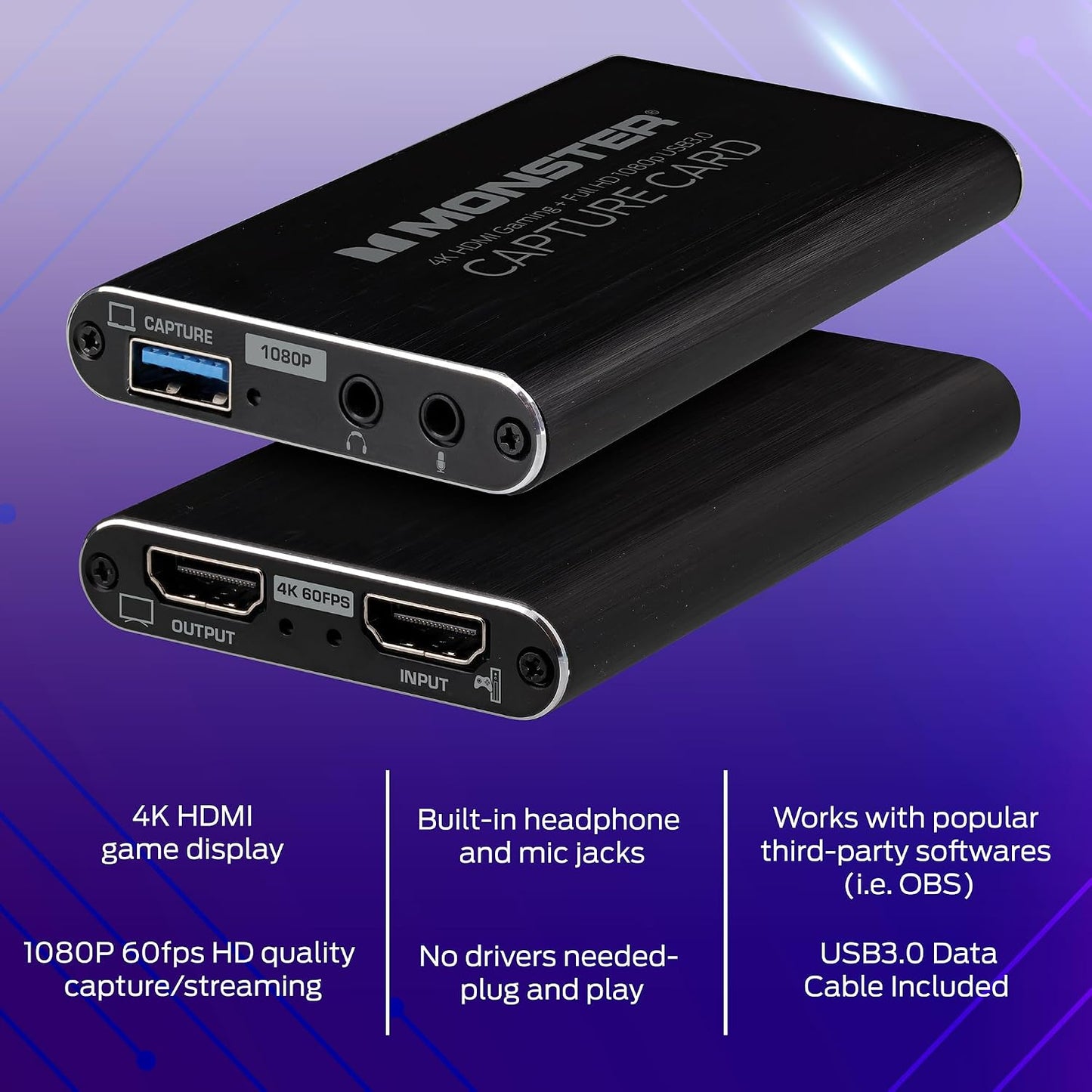 Monster Video Capture Card for Streaming, 4K HDMI Capture Card with 1080P 60FPS Recording, USB 3.0 Game Capture Device, Mic & Headphone Ports for PS5, Xbox, Nintendo Switch, Switch 2 & PC