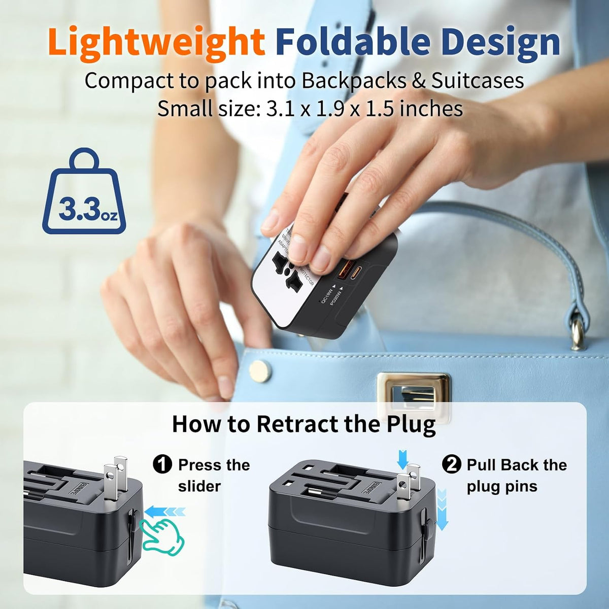 Travel Adapter Fast Charge, GaN Worldwide All in One, White | Universal Travel Adapter, PD3.0 Type C & USB-A Quick Charging, Portable Wall Charger, AC Power Plug Adapter, USA EU UK AUS