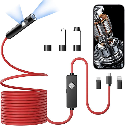 Endoscope with Light, 1920P HD Borescope with 8 Adjustable LED Lights, Semi-Rigid Snake Camera, IP67 Waterproof Inspection Tool (9.8ft, Red Harness + Dual Lens)