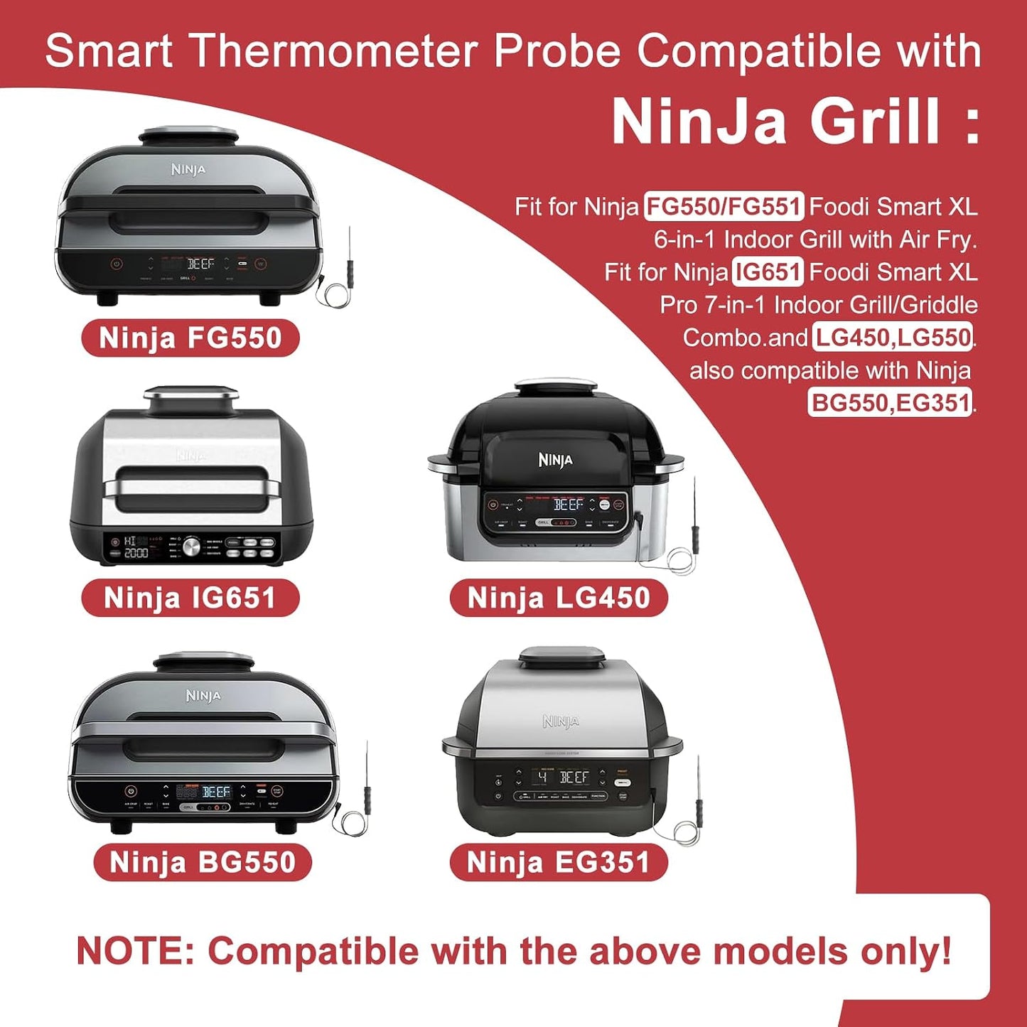1 Pack Replacement Meat Probe for Ninja FG550/FG551,IG651, LG450CCO,BG550,EG351,LG550CO,Smart Thermometer Probe for Ninja Indoor Grill Accessories,