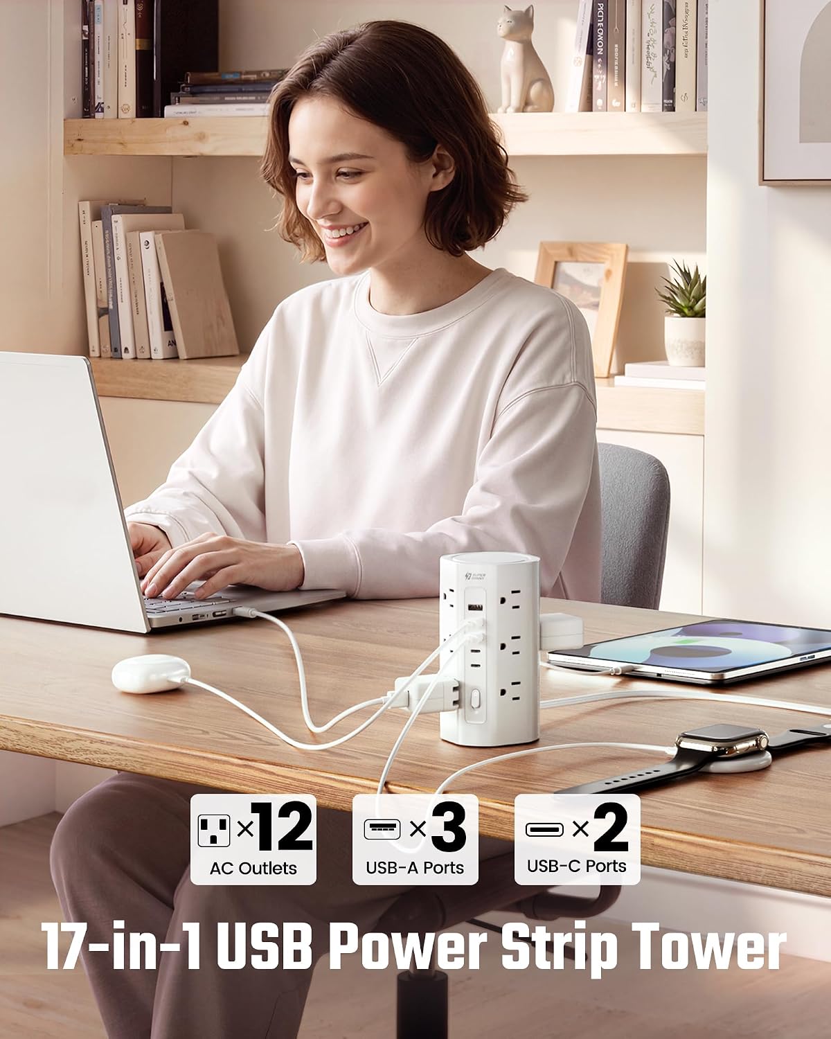 SUPERDANNY Tower Power Strip, 10Ft Extension Cord, 1700J, 12 AC 5 USB,White | 3 USB A, 2 USB C, Surge Protector Power Tower, Flat Plug, Desk Charging Station with Multiple Outlets, Home Office Dorm Room