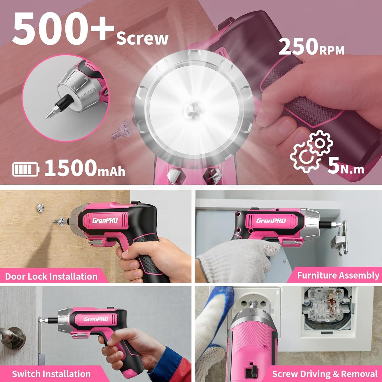 GRENPRO 4V Cordless Electric Screwdriver Set, 29-Piece, Pink | Built-In Non-Removable Battery Charges via USB, Not Sold Separately, Included Bits Support Home Repairs and Assembly
