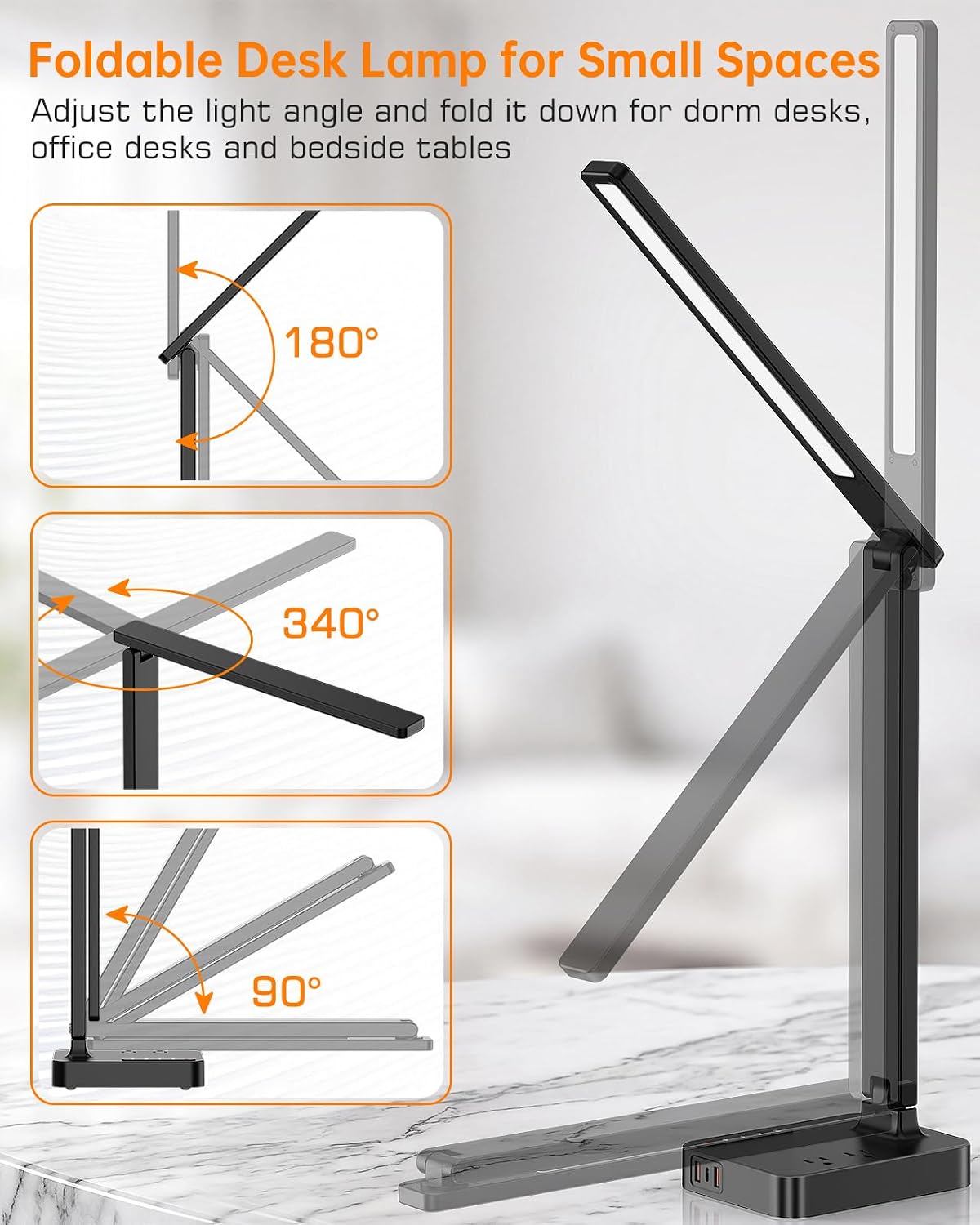 cozoo LED Desk Lamp for Dorm Office, USB-C,AC Outlet, Reading Light, Black