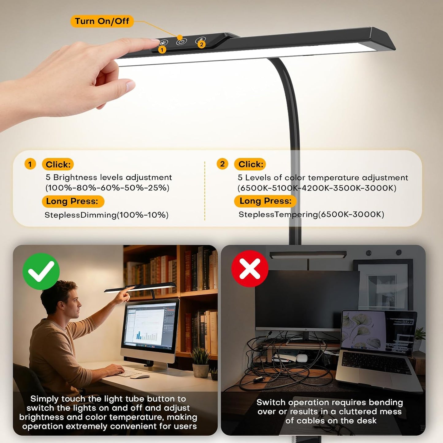 LED Desk Lamp for Office Home, Stepless Dimming Architect Desk Light with DC Adapter, Eye-Caring Desk Lamp with Clamp, 25 Lighting Modes Adjustable 12.8in Flexible Gooseneck for Workbench(Black)